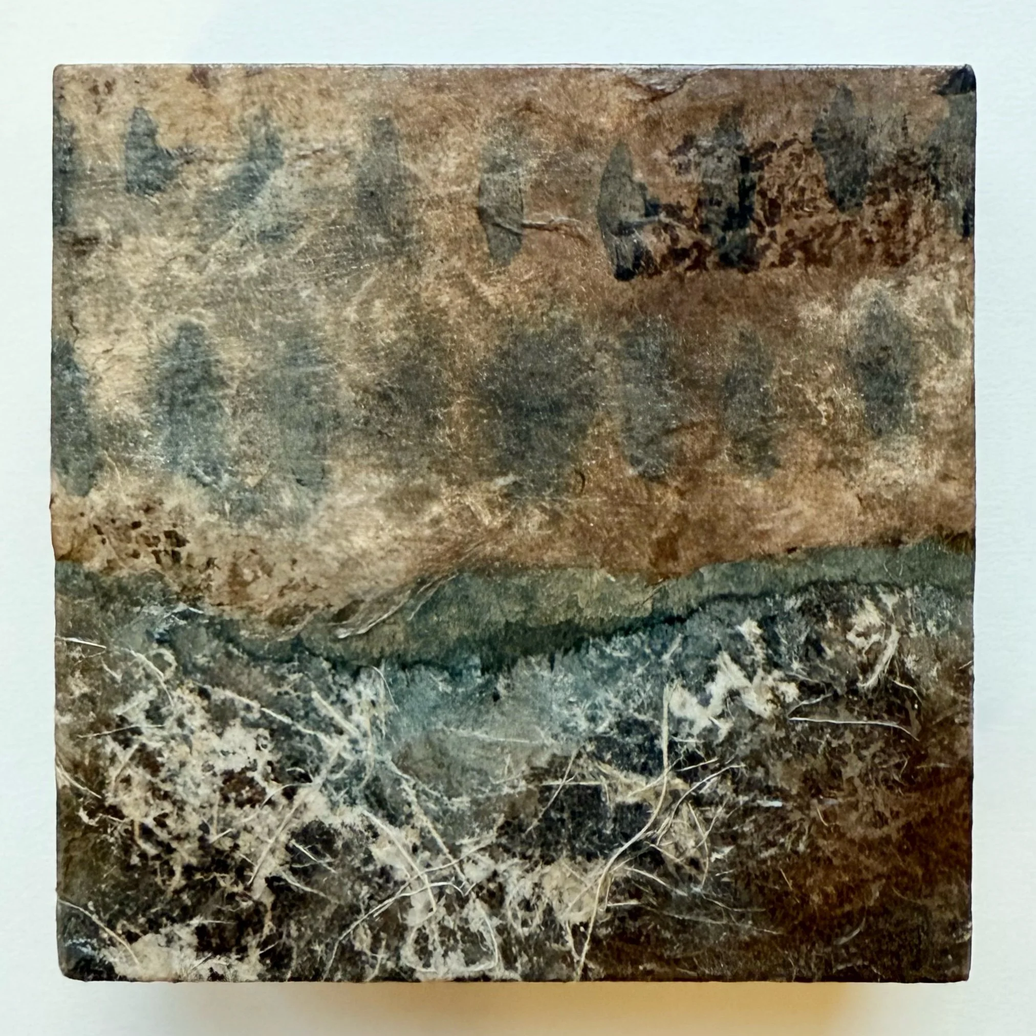  PAINTED HANDMADE PAPER ON CRADLED WOOD PANEL  4” x 4” x 1 1/2”  $200 