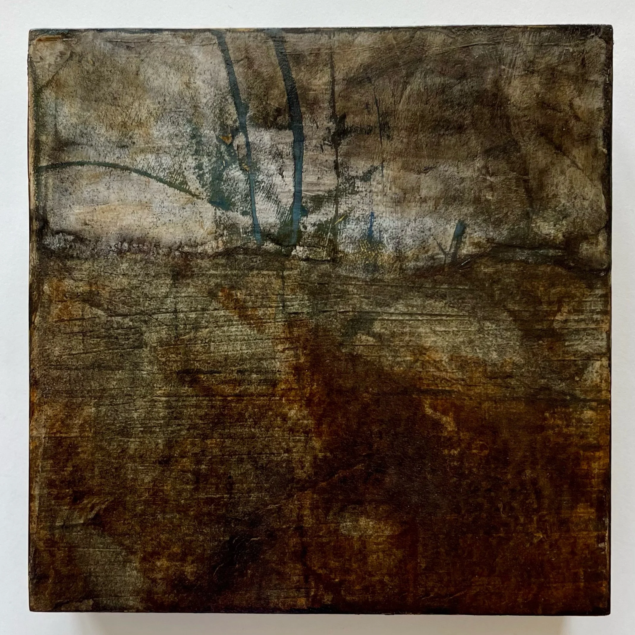  MIXED MEDIA PAINTING ON A CRADLED WOOD PANEL  6” X 6” X 1 1/2”  $300 