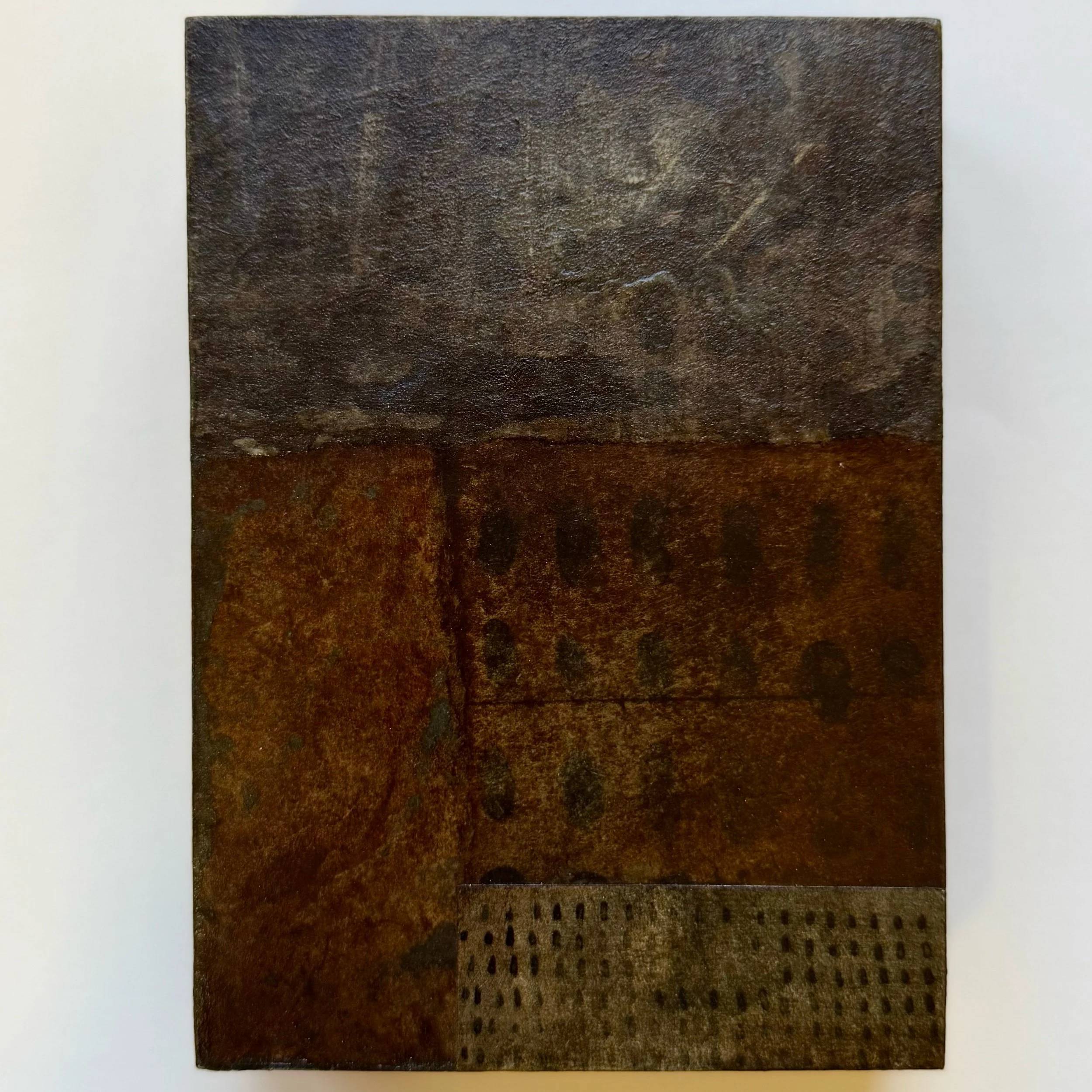  MIXED MEDIA COLLAGE ON CRADLED WOOD PANEL  5” X 7” X 1 1/2”  $300 