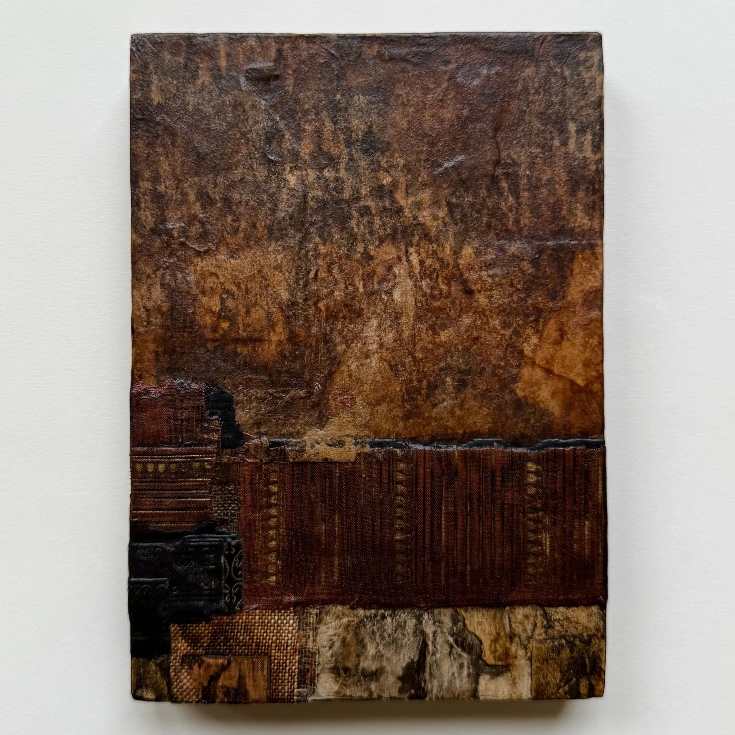  MIXED MEDIA COLLAGE ON WOODRN CRADLED PANEL  5” x 7” x 7/8”  $250     