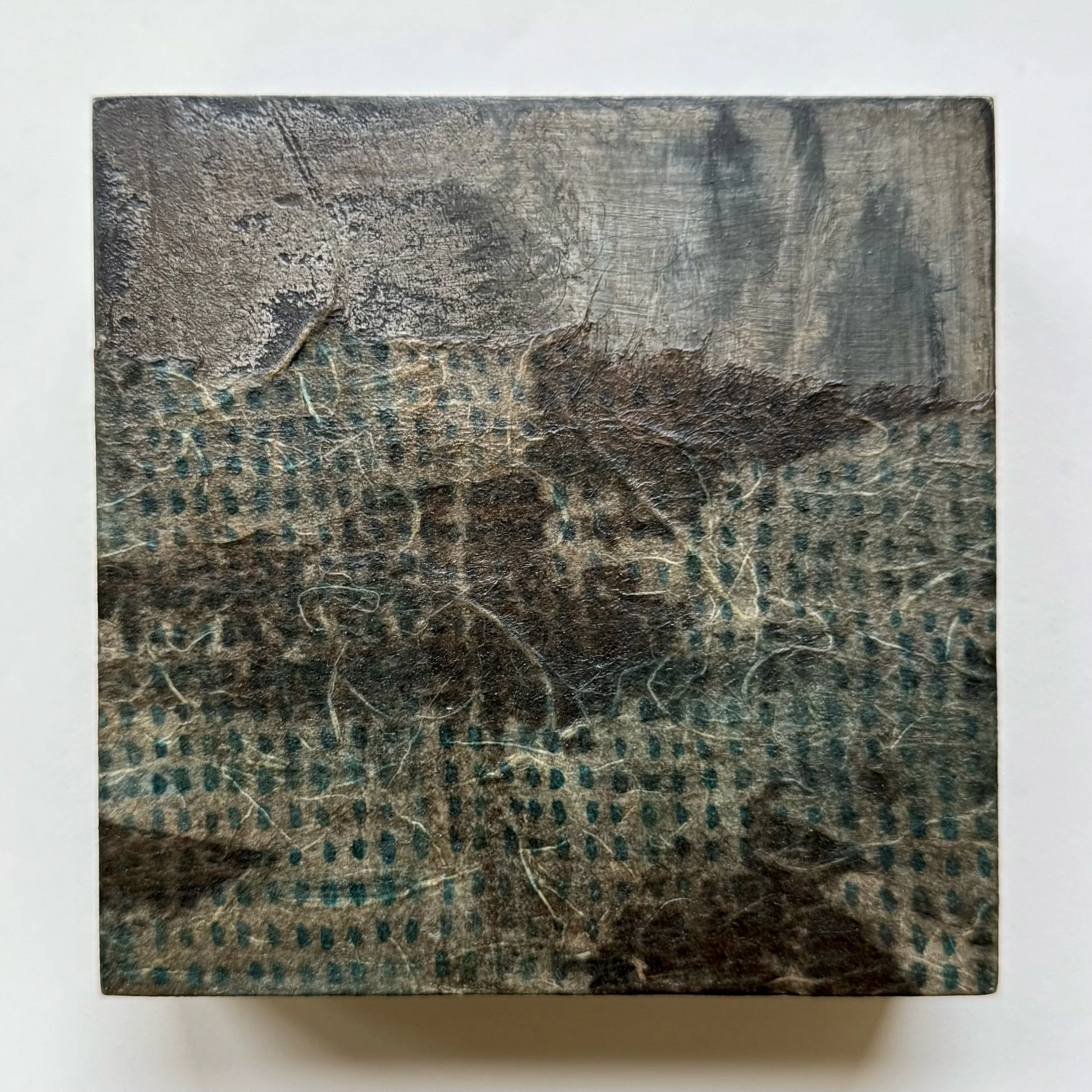  MIXED MEDIA ON CRADLED WOODEN PANEL&nbsp;  5” x 5” x 1 1/2”  $250     