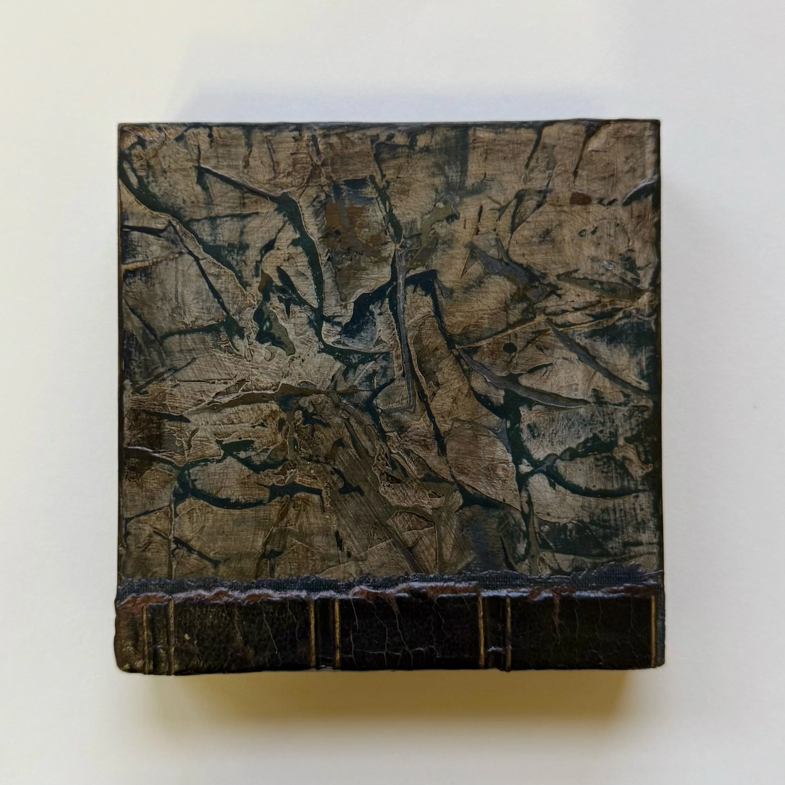  VINTAGE BOOK PAINTING ON WOODEN CRADLED PANEL  4” x 4” X 7/8”  $200 