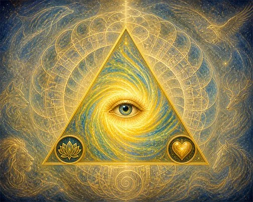   Ram Dass on Left, Yogananda on Right, Your Guide Lyneah at the third point all sending healing energy.   Ram Dass : Guides the breath into stillness, humility, and heart-based presence.  Yogananda : Anchors the breath into self-realization, clarity