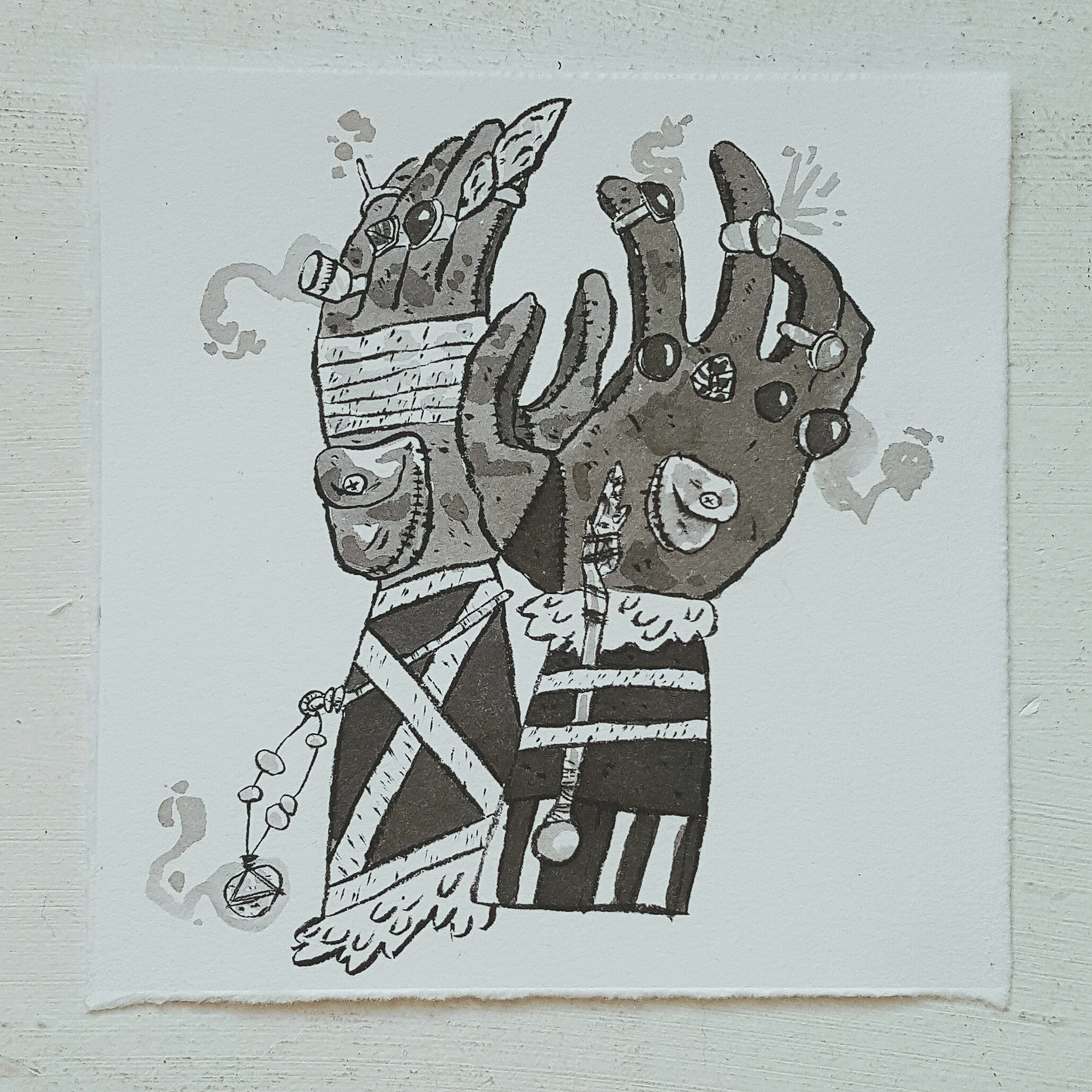 Inktober No. 19, Battlemage Gauntlets - These heavily augmented gauntlets allow a battlemage to cast spells without the need for books or other cumbersome items. The rings, stones, scrolls,wands, and other items fixed to the gauntlets give battlemages all the power they need at the tip of their fingers.