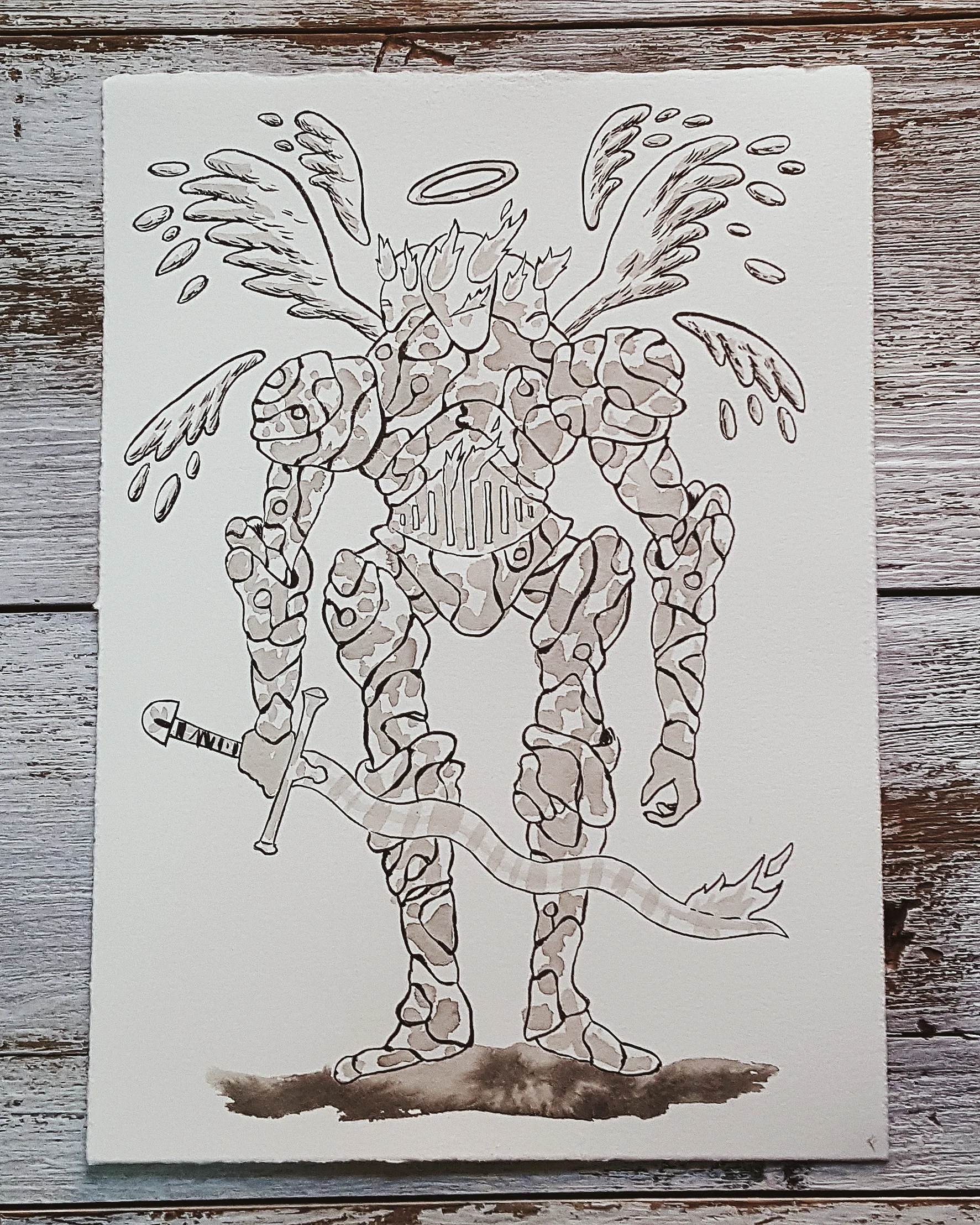 A Knight a Day No. 35, Angellic Vessels - These rune carved suits of armor serve as hosts to angelic entities, which take the form of balls of fire. Most armors house several angels at once, you can tell how many angels are inside by the number of faces the armor displays. The flames of the angels show through their furnace-like bellies, and their eyes and mouths.