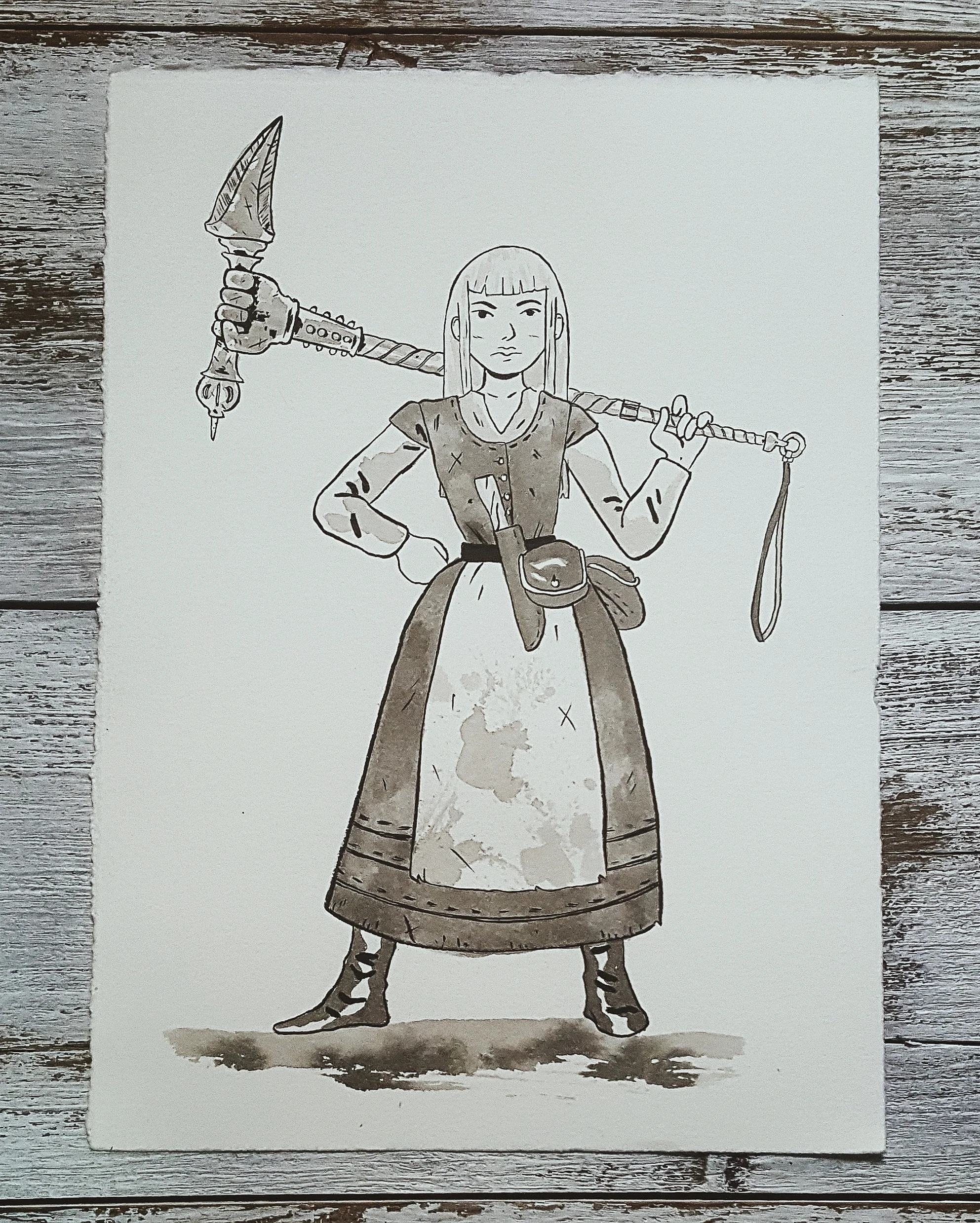 A Knight a Day No. 37, Minnah and Malegog - Mina grew up working fields with her slave family under cruel masters. One day she found a small crater with an ornate, metal handle protruding from it. When she unearthed the ancient weapon, she heard the voice of Malegog, a spirit creature that dwells inside it. Mina became a rebel, using Malegog's power to fight for the freedom of slaves.