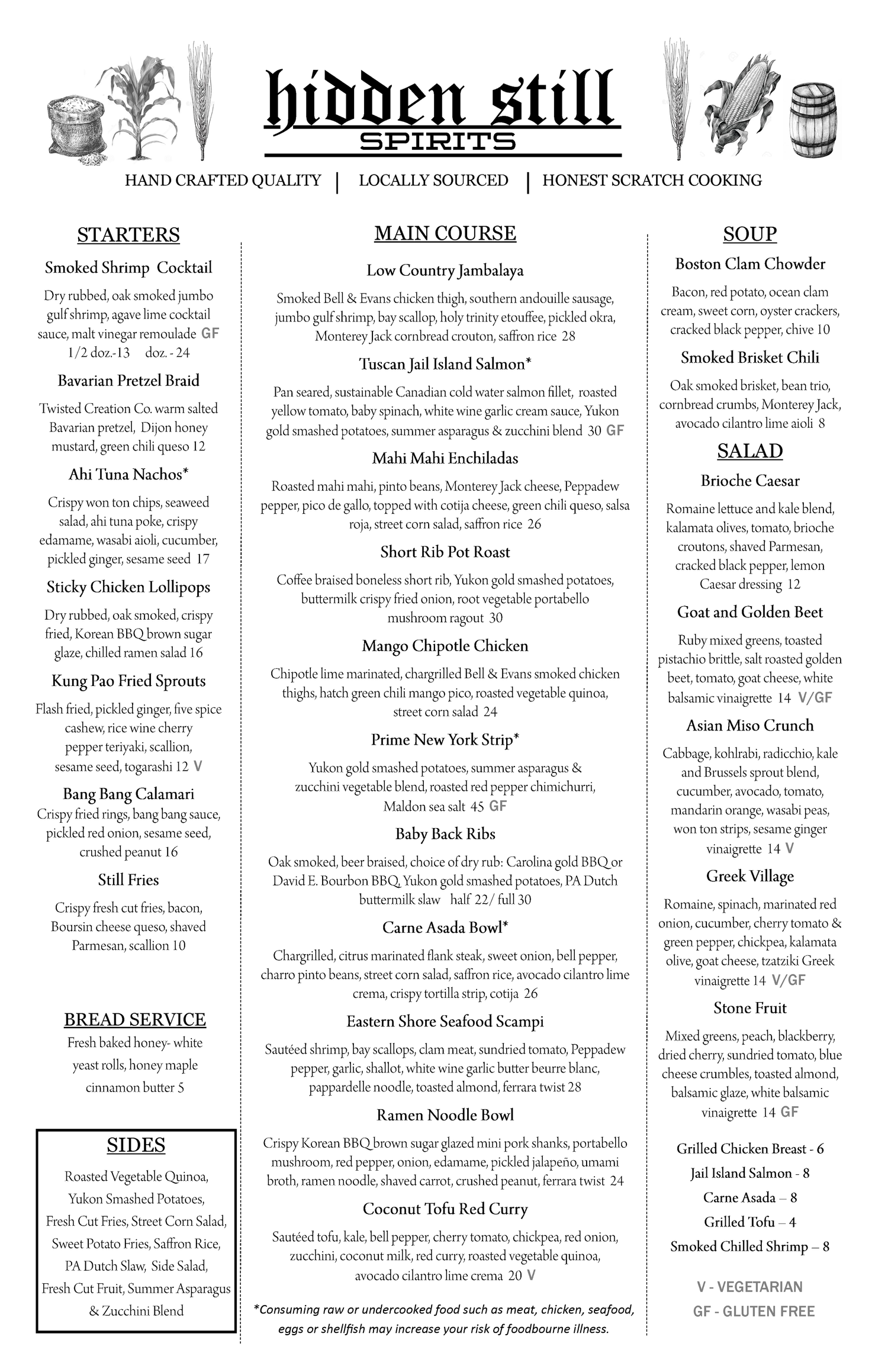 Lunch, Dinner, Kids & Beverage Menus — Hidden Still Spirits