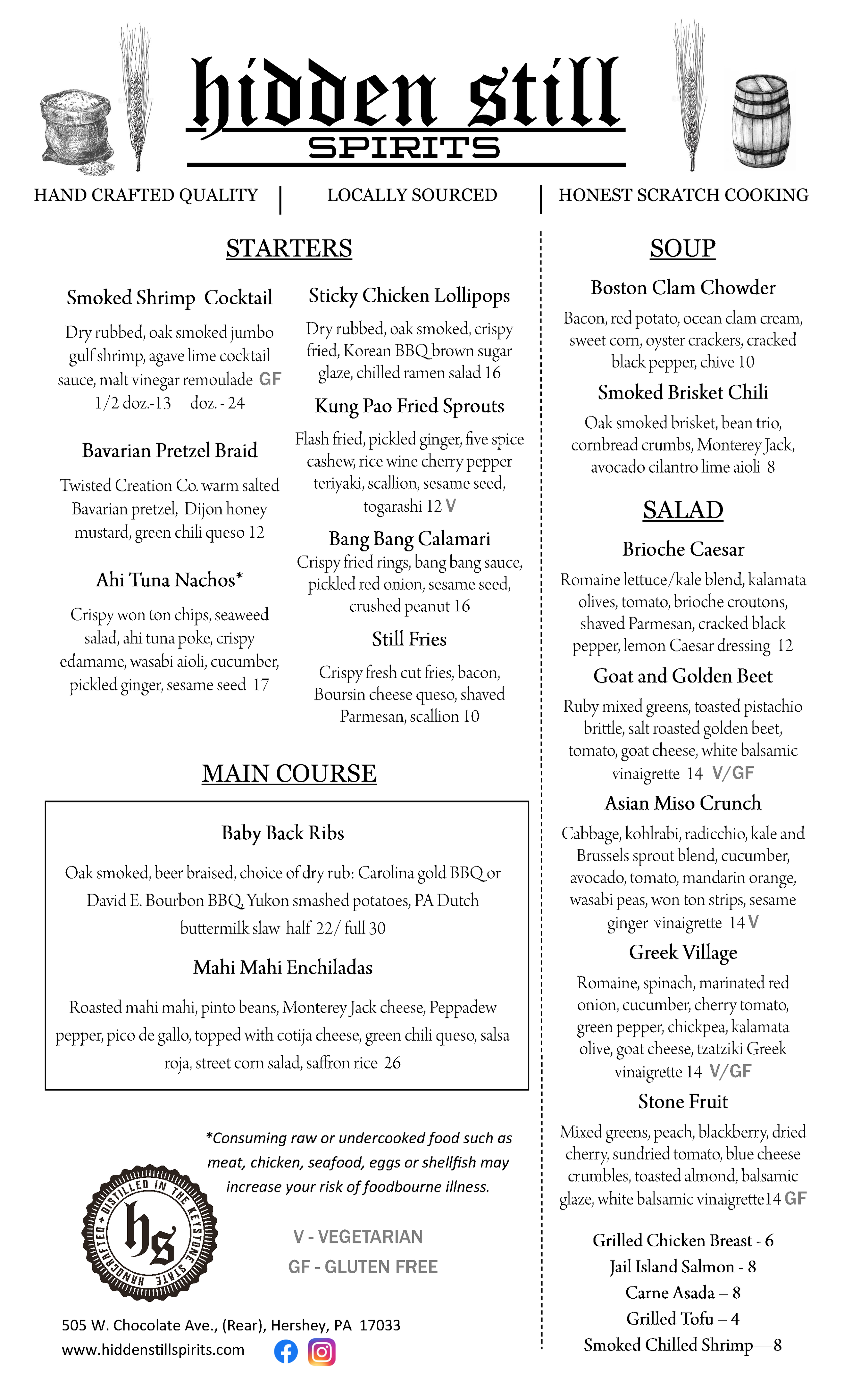 Lunch, Dinner, Kids & Beverage Menus — Hidden Still Spirits