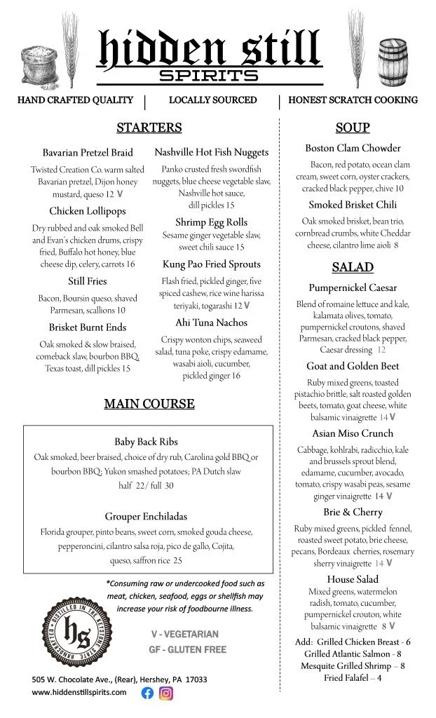 Lunch, Dinner, Kids & Beverage Menus — Hidden Still Spirits