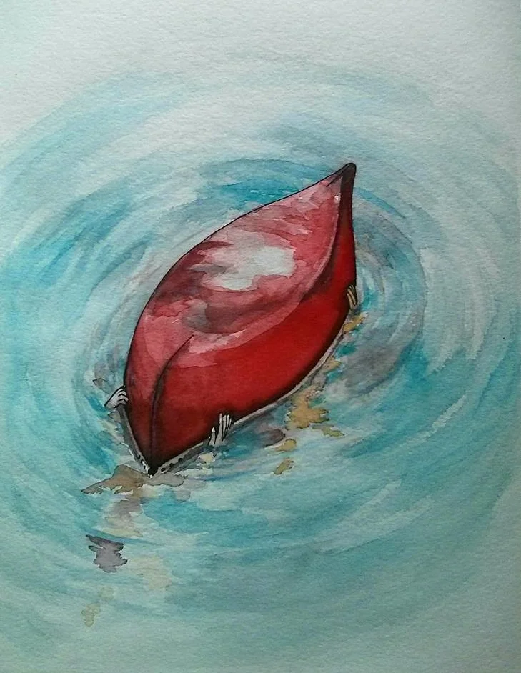 Under the Red Canoe (watercolour and ink on paper, 9" x 12", 2017) (available)