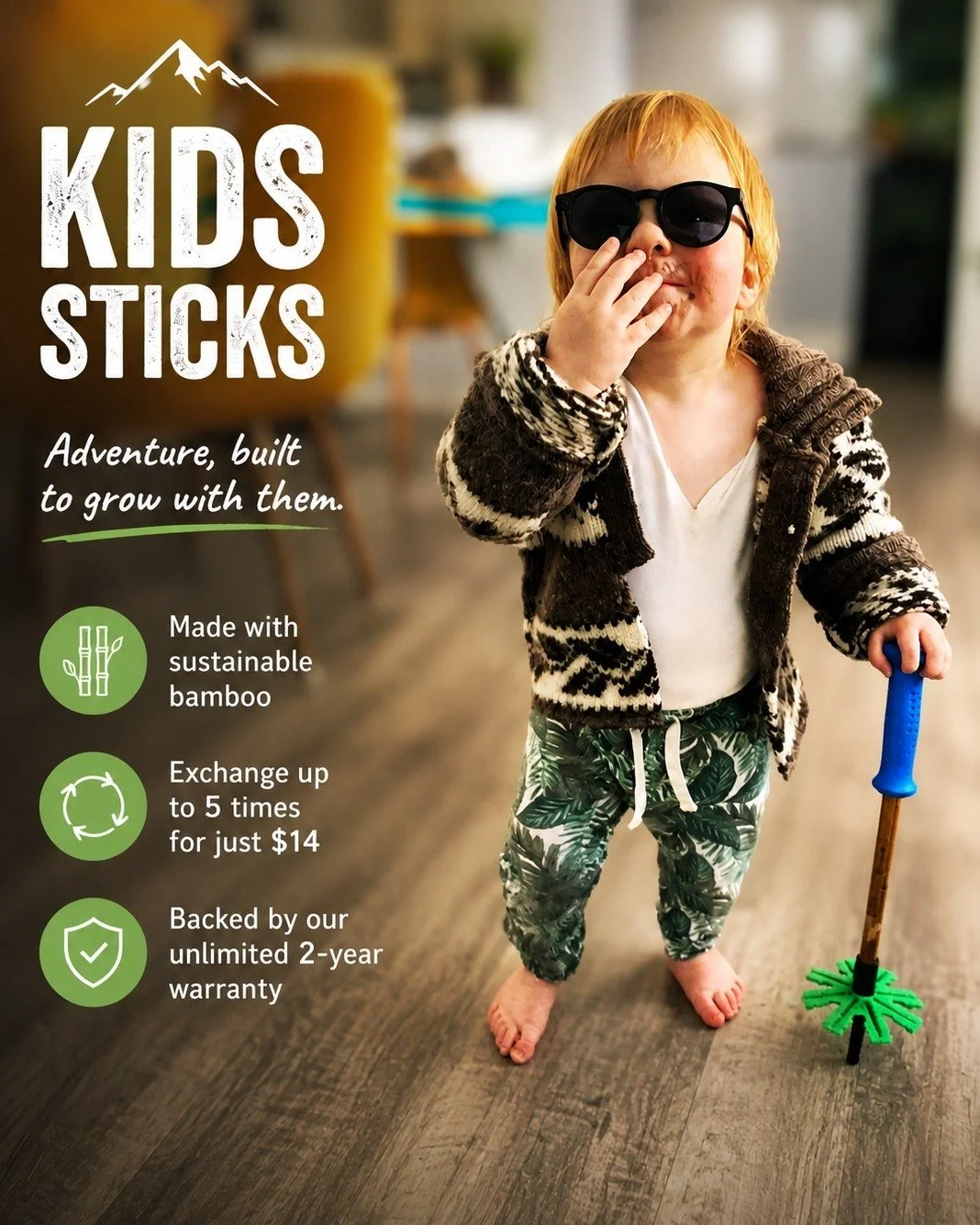 Kids grow way too fast. Luckily, their Grass Sticks can grow with them.

Our Kids Sticks program is convenient, affordable, and part of our sustainability efforts. Kids Sticks are made with new, slightly blemished, or refinished bamboo, helping us ma