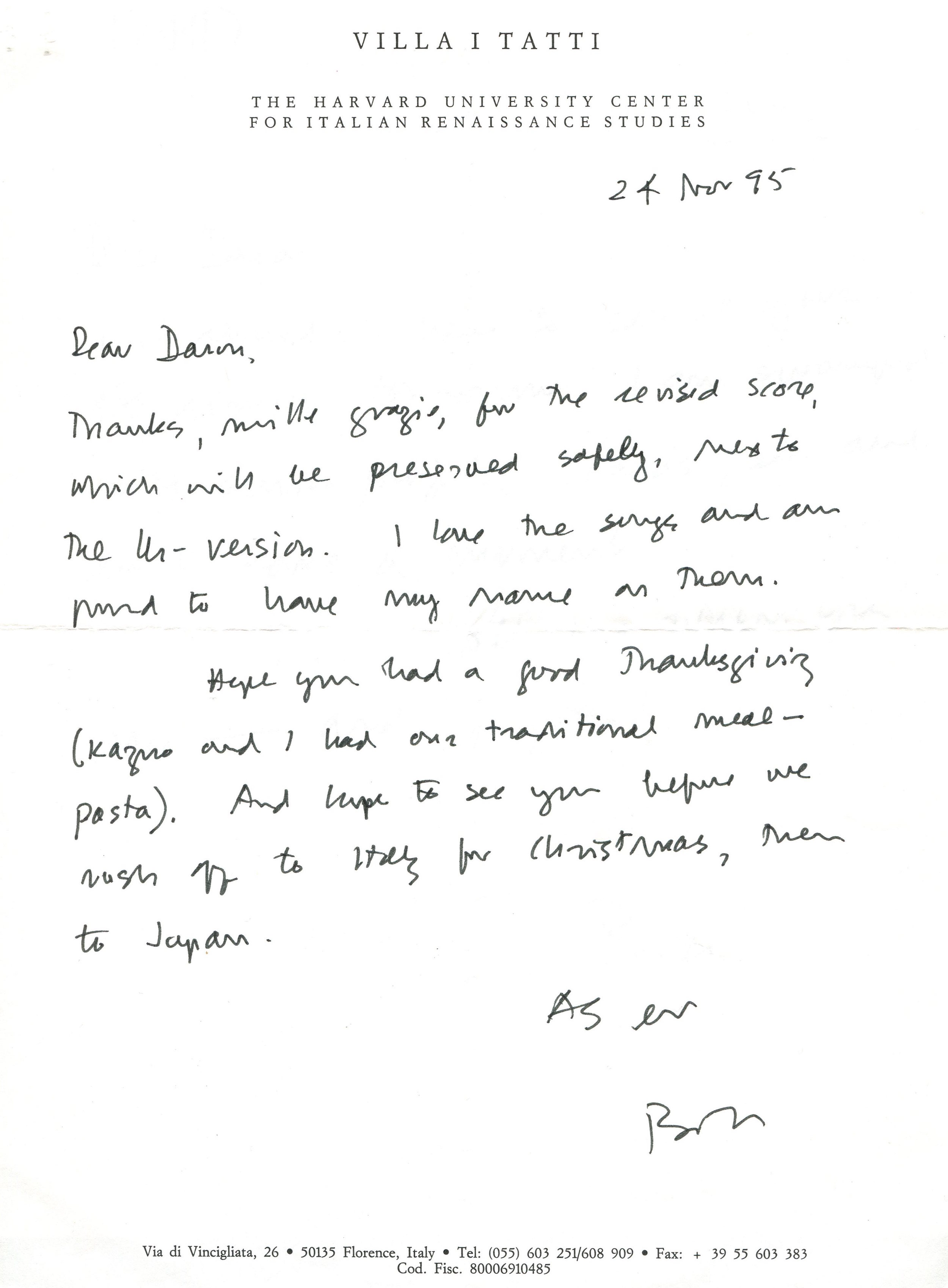A letter from William Weaver to Daron Hagen.
