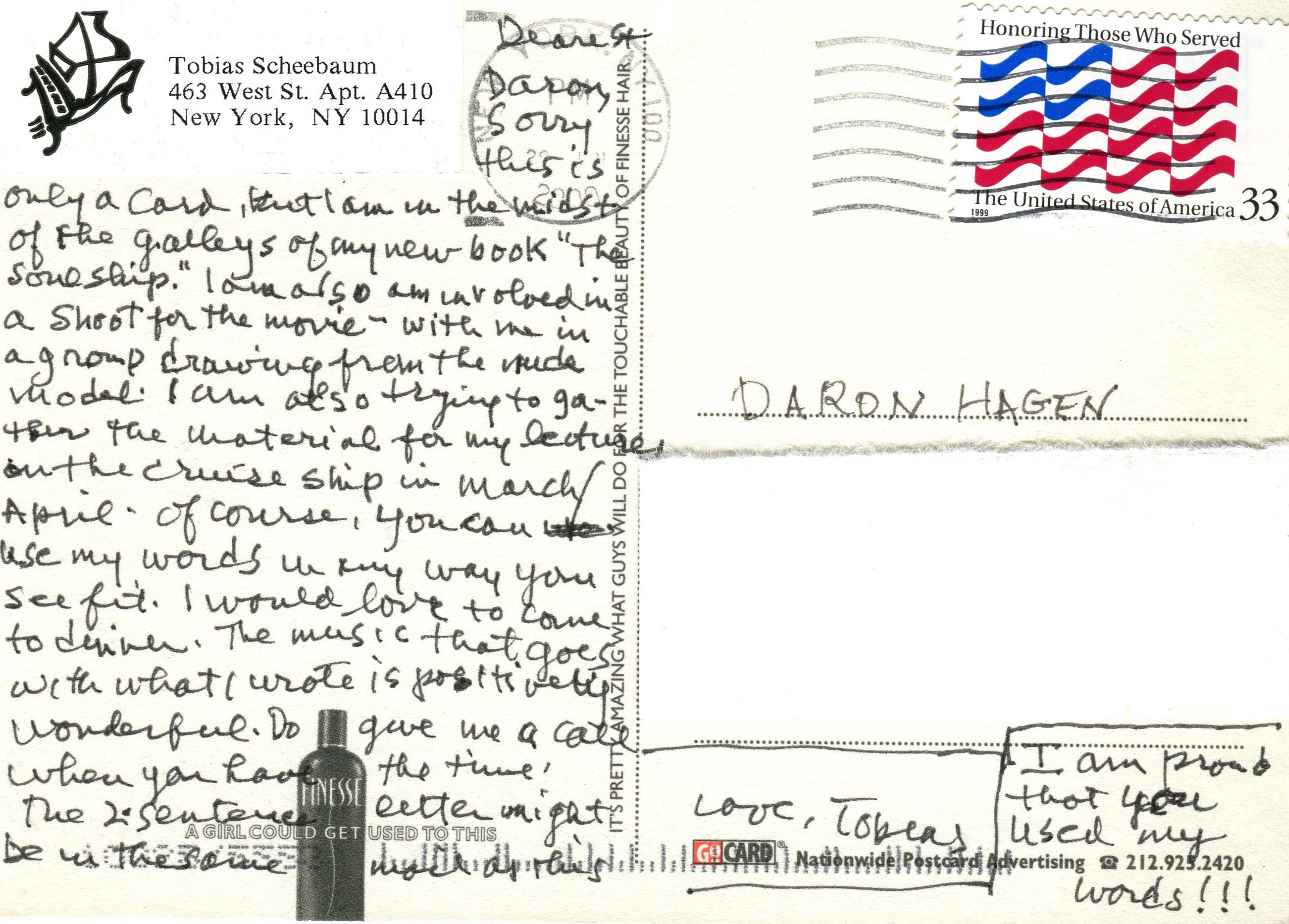 Postcard from Tobias Schneebaum to Daron regarding the use of the remembrance, "Life Among the Asmat," which he wrote at Daron's request.