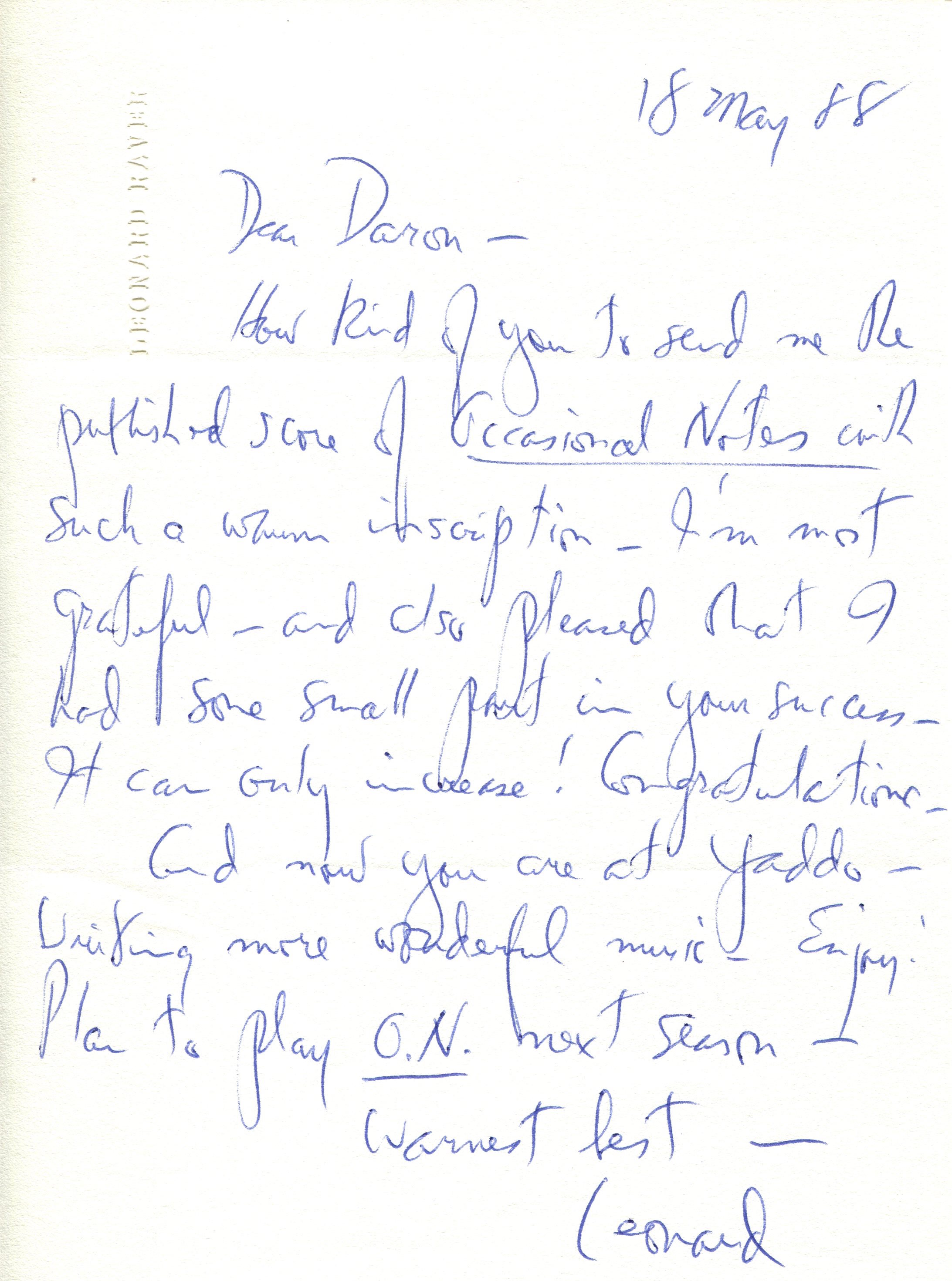 A letter from Leonard Raver to Daron about the suite, which he sent to Robert Schuneman at E.C. Schirmer with a letter urging Robert Schuneman to publish it. The piece became Hagen's first published work, and began a thirty-year relationship with Schuneman. Raver performed the piece relatively frequently over the ensuing years.