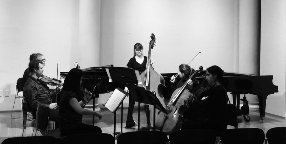 Pianist Marc Peloquin and the Blooming School of Music Faculty Quintet rehearsing the Nocturne at Tenri in New York City.