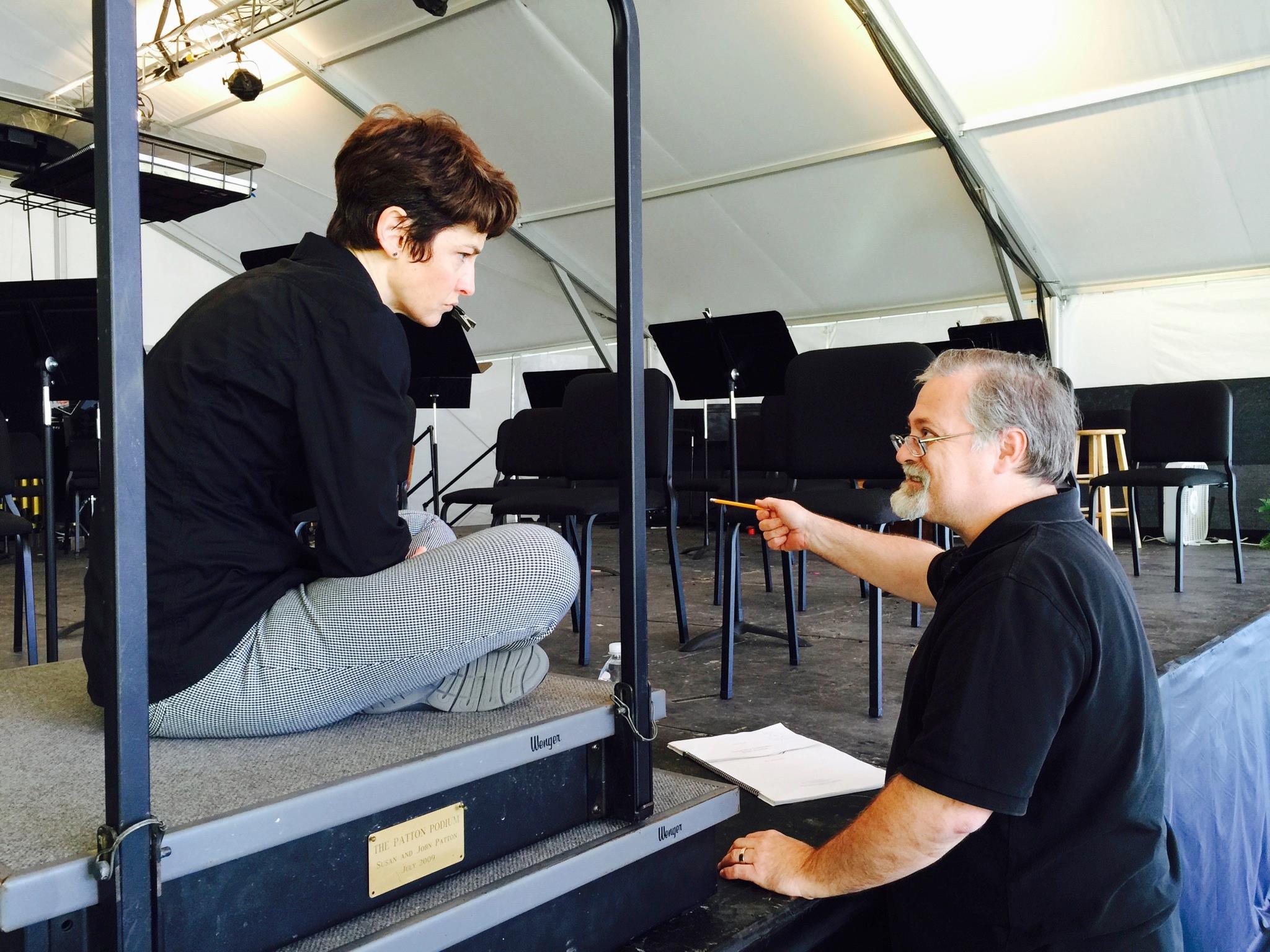 Daron Hagen and Laura Jackson discussing the "Sky Interludes from Amelia" at the Wintergreen Festival in August 2015. (Photo: Gilda Lyons)