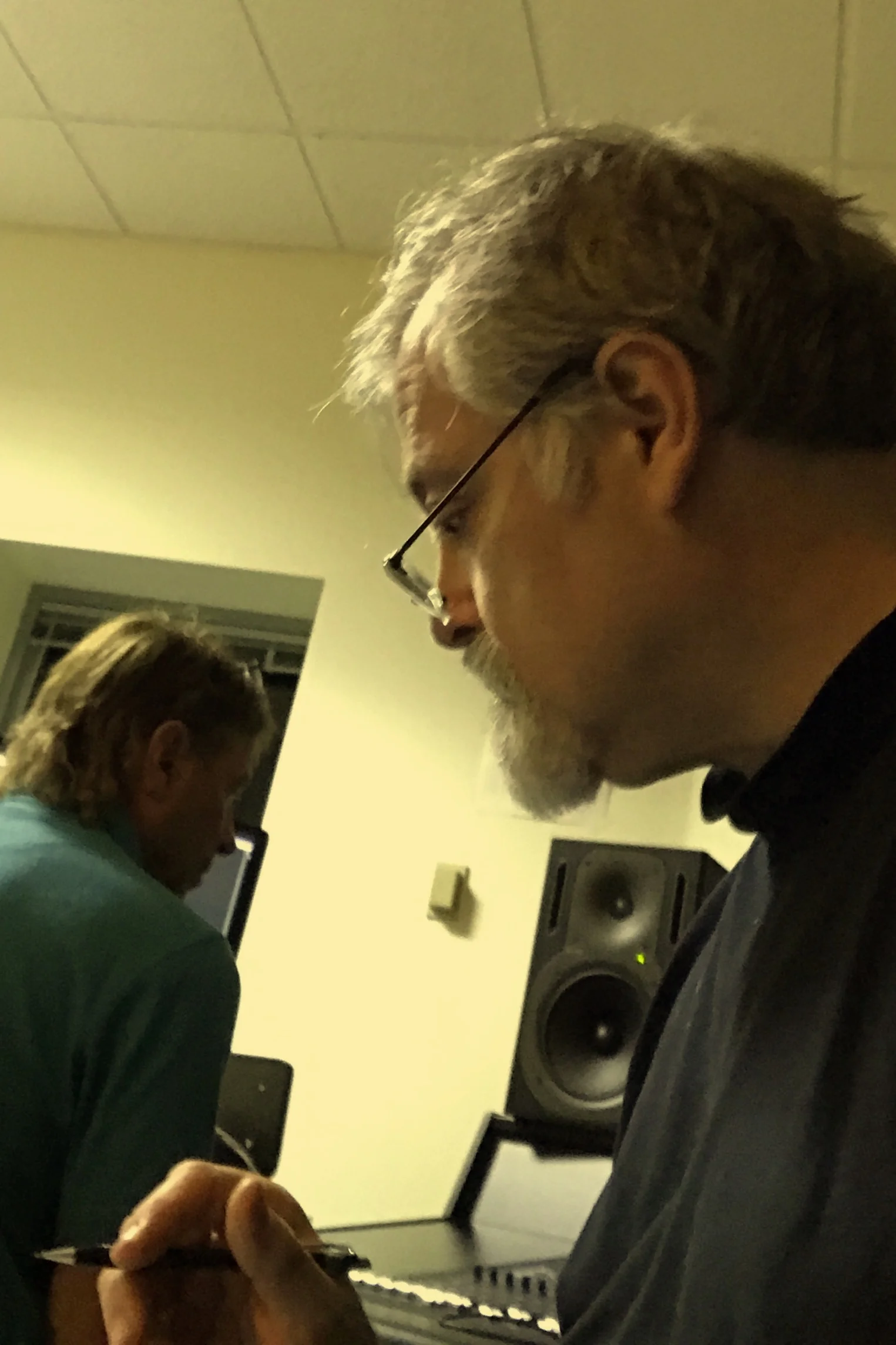 Hagen choosing takes. Engineer Chuck Foley mans the board.