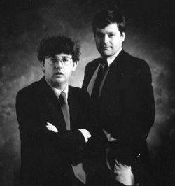 Paul Muldoon and Daron Hagen photographed while composing “Shining Brow” in 1992.