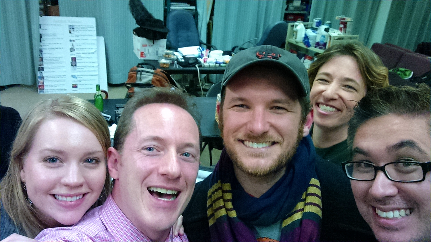  Backstage at TUNE IN TIME (the musical theatre game show), with (from l. to r.)     Britt Bonney  , Tom,   Drew Gasparini  ,   Amy Engelhardt   and   Erik Przytulski  .   