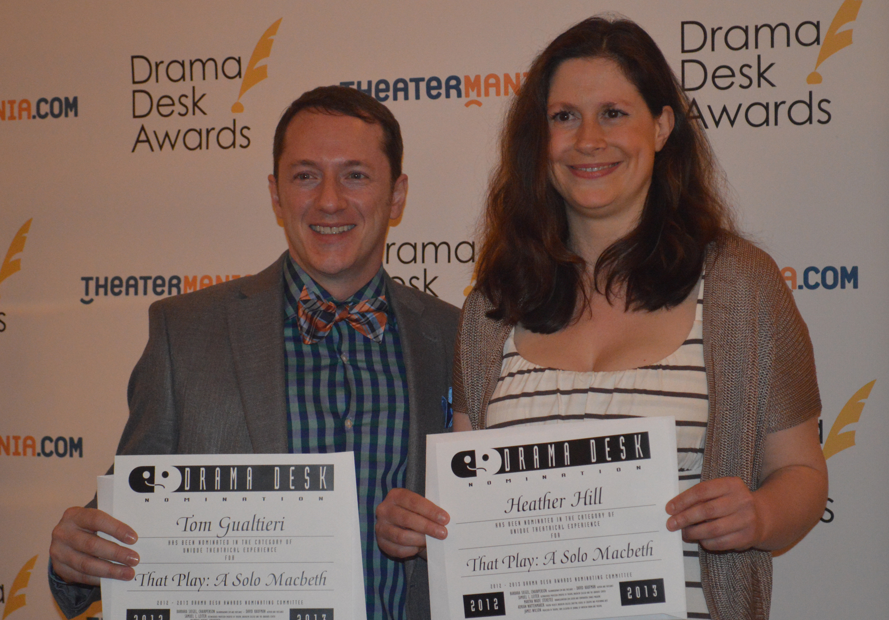  With Heather Hill, accepting the 2013 Drama Desk Nomination for   THAT PLAY: A SOLO MACBETH  . 