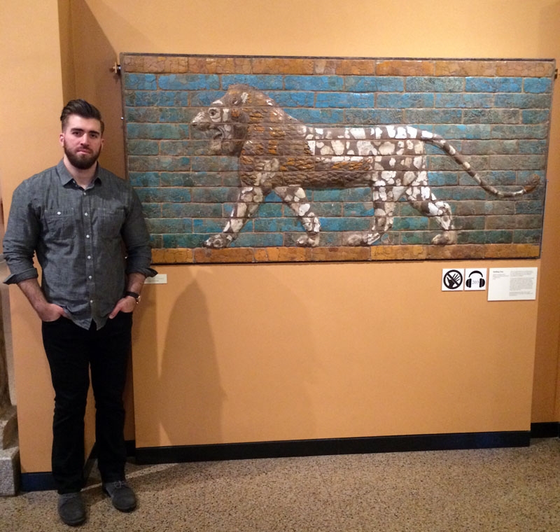  Paul Khio, 26, stands in front of a Babylonian lion, dating back to Iraq’s Neo-Babylonian Period, ca. 604-562 B.C. “History helps remind us of the valuable contributions to civilization, the awe inspiring grandeur, and the rich story these artifacts