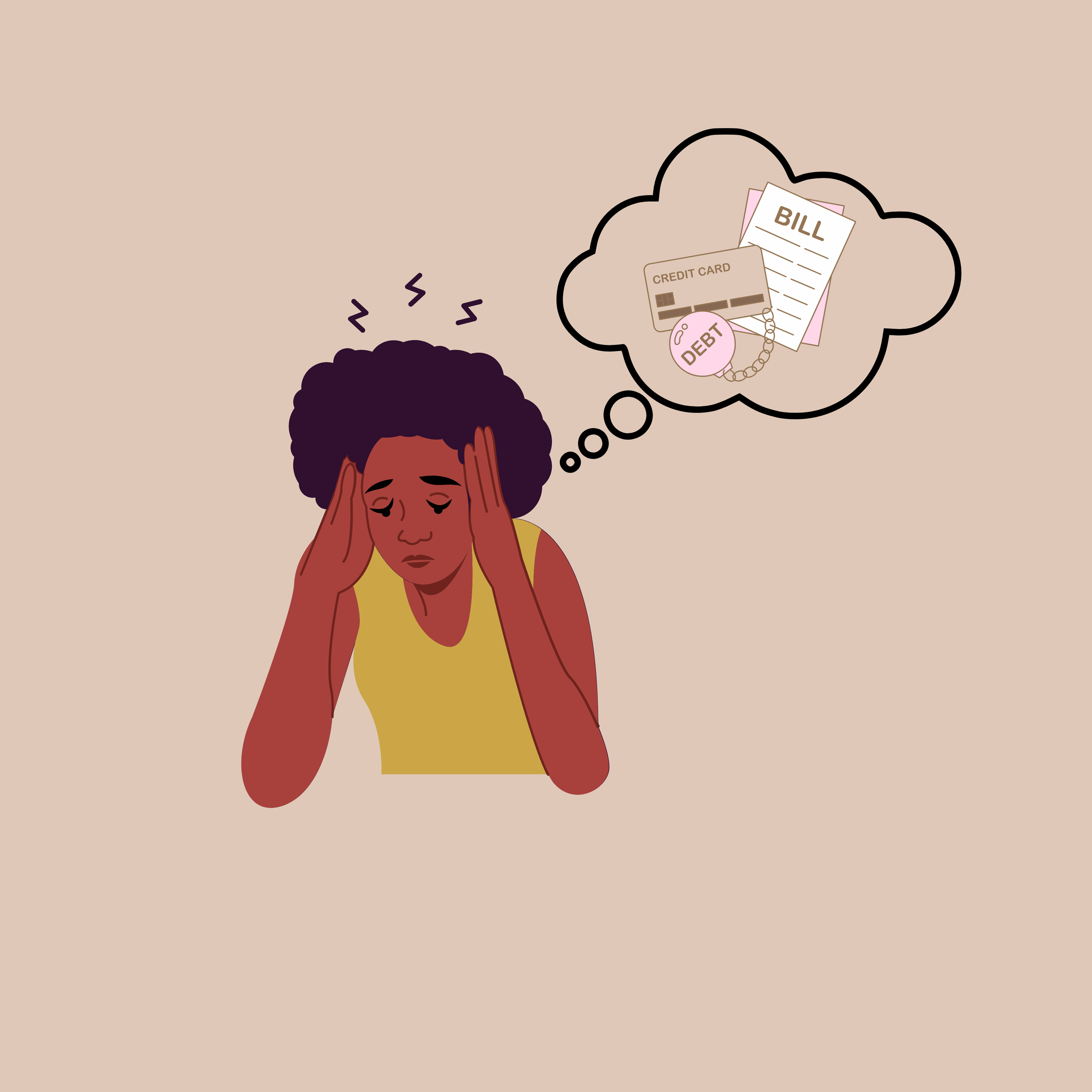 A woman with curly hair holding her head, looking stressed, with a thought bubble showing bills, credit card, debt, and written bills.