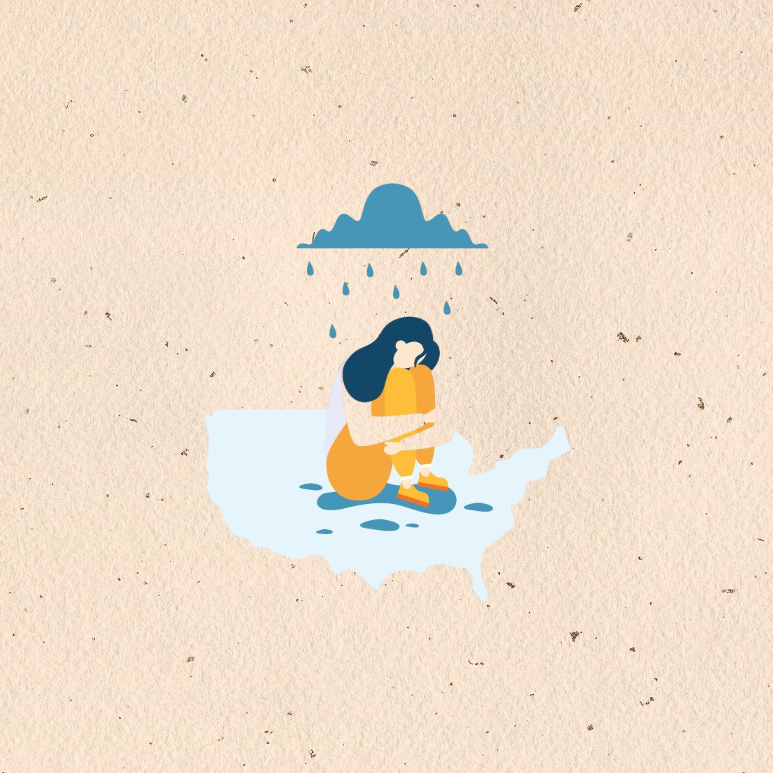 Illustration of a person sitting on a puddle of water within the shape of the United States, holding a smartphone with a dark cloud above raining on them.