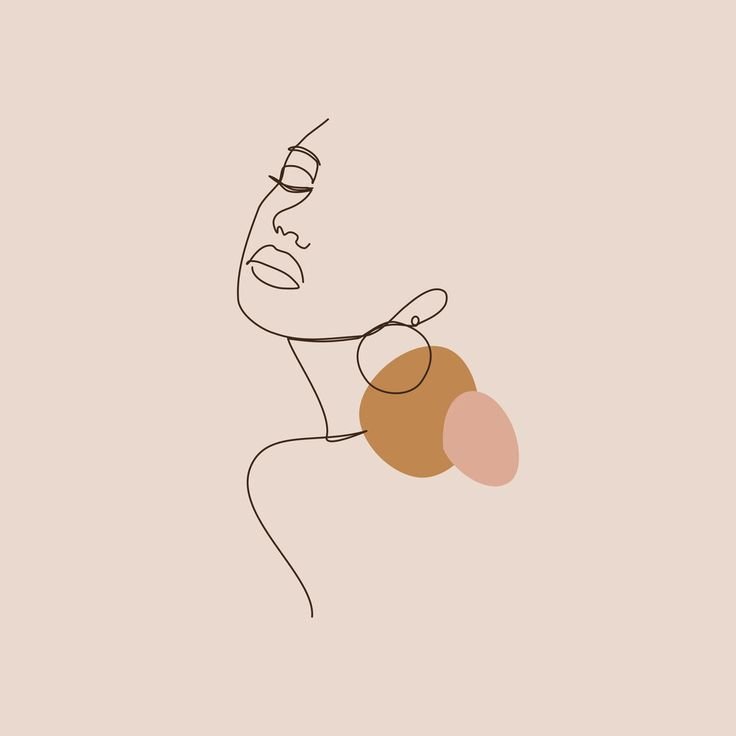 Minimalist line drawing of a woman with her eyes closed, wearing a large hoop earring and an abstract brown and pink shape near her neck.