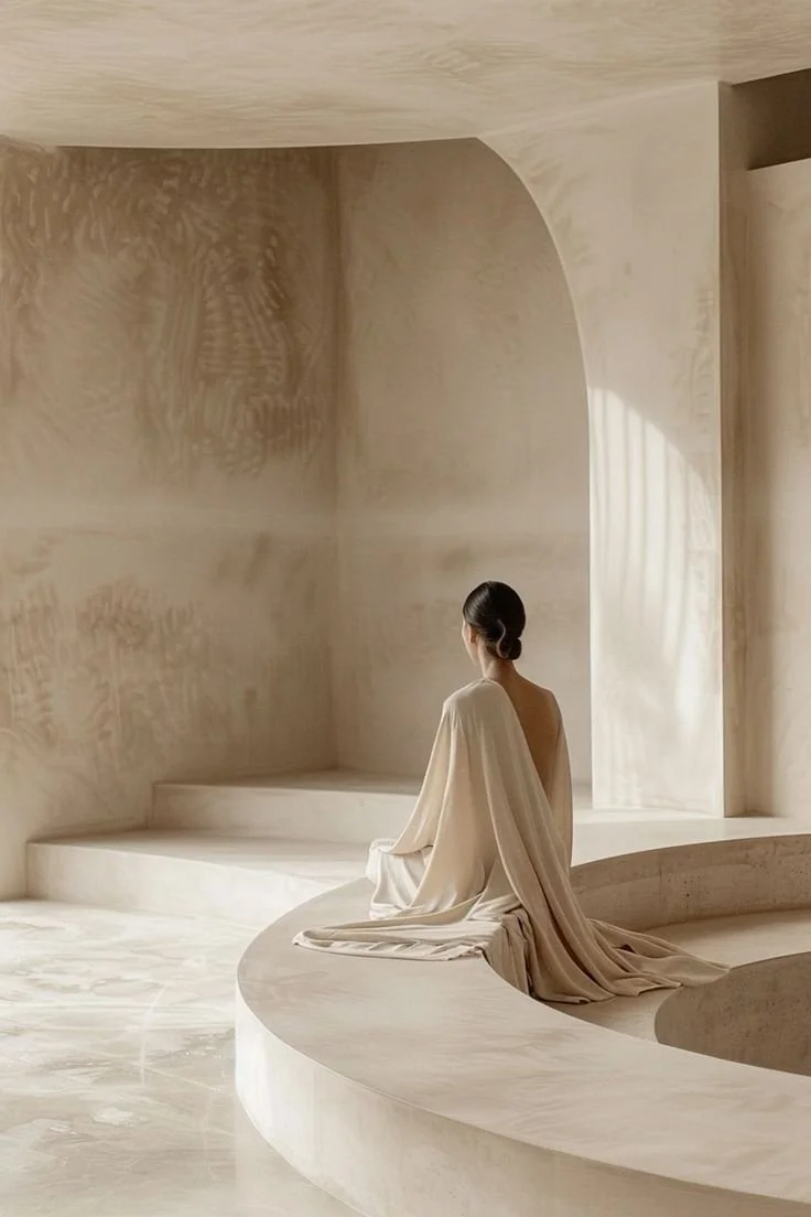 A woman in a flowing, cream-colored dress sitting on a curved marble bench in a minimalist, light-colored, modern interior with soft natural light.