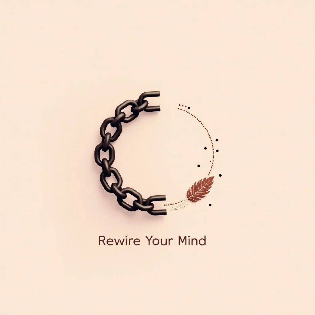 A stylized clock face formed by a black chain and an illustration of a brown leaf, with small dotted lines and dots, and the words 'Rewire Your Mind' below.