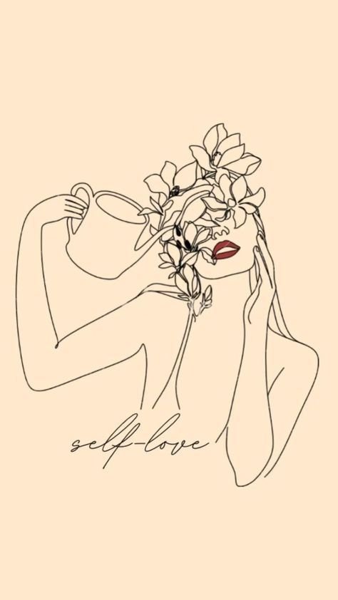 Line art drawing of a woman with flowers covering her face and head, holding a watering can, with the words 'self-love' written below.