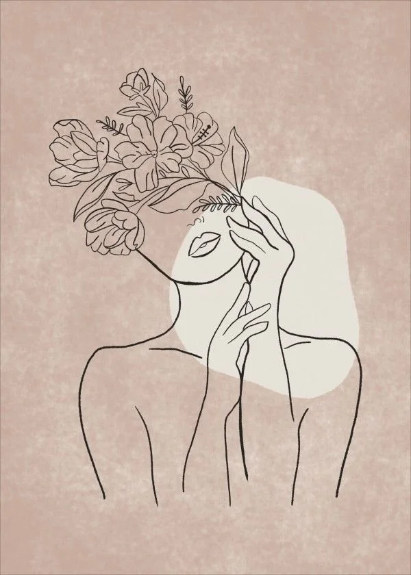 Minimalist line drawing of a woman with one hand near her face, floral headpiece, pink textured background, abstract white shapes behind her.