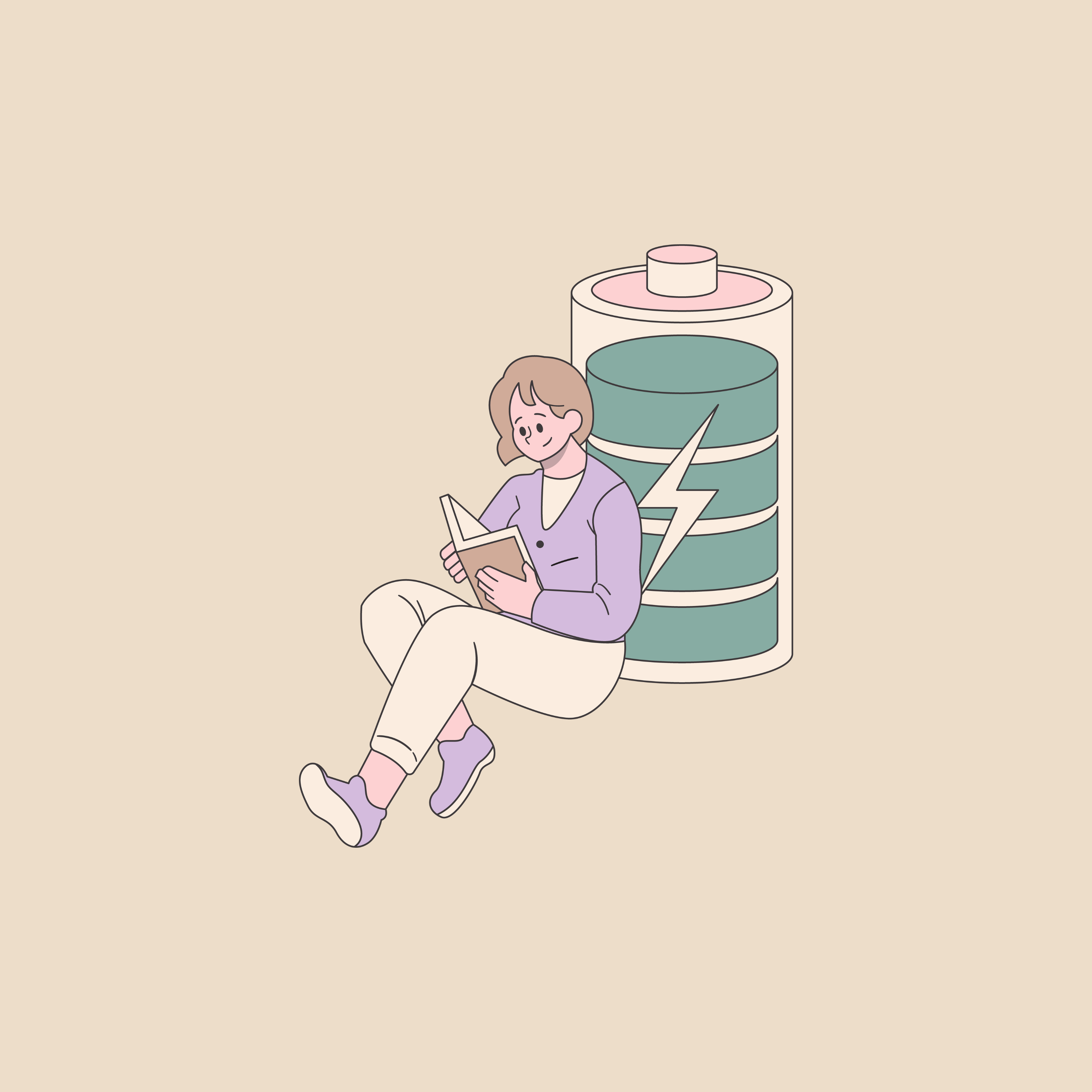 Illustration of a woman sitting and reading a book, with a large battery icon and a lightning bolt in the background.