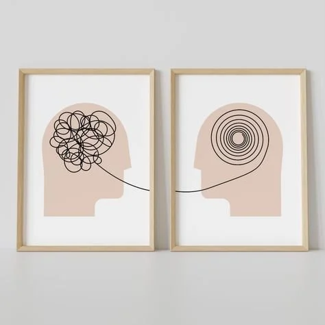Two framed minimalist art pieces depicting two human profiles connected by a line, with one profile showing a tangled scribble and the other showing concentric circles, representing complex thought processes.