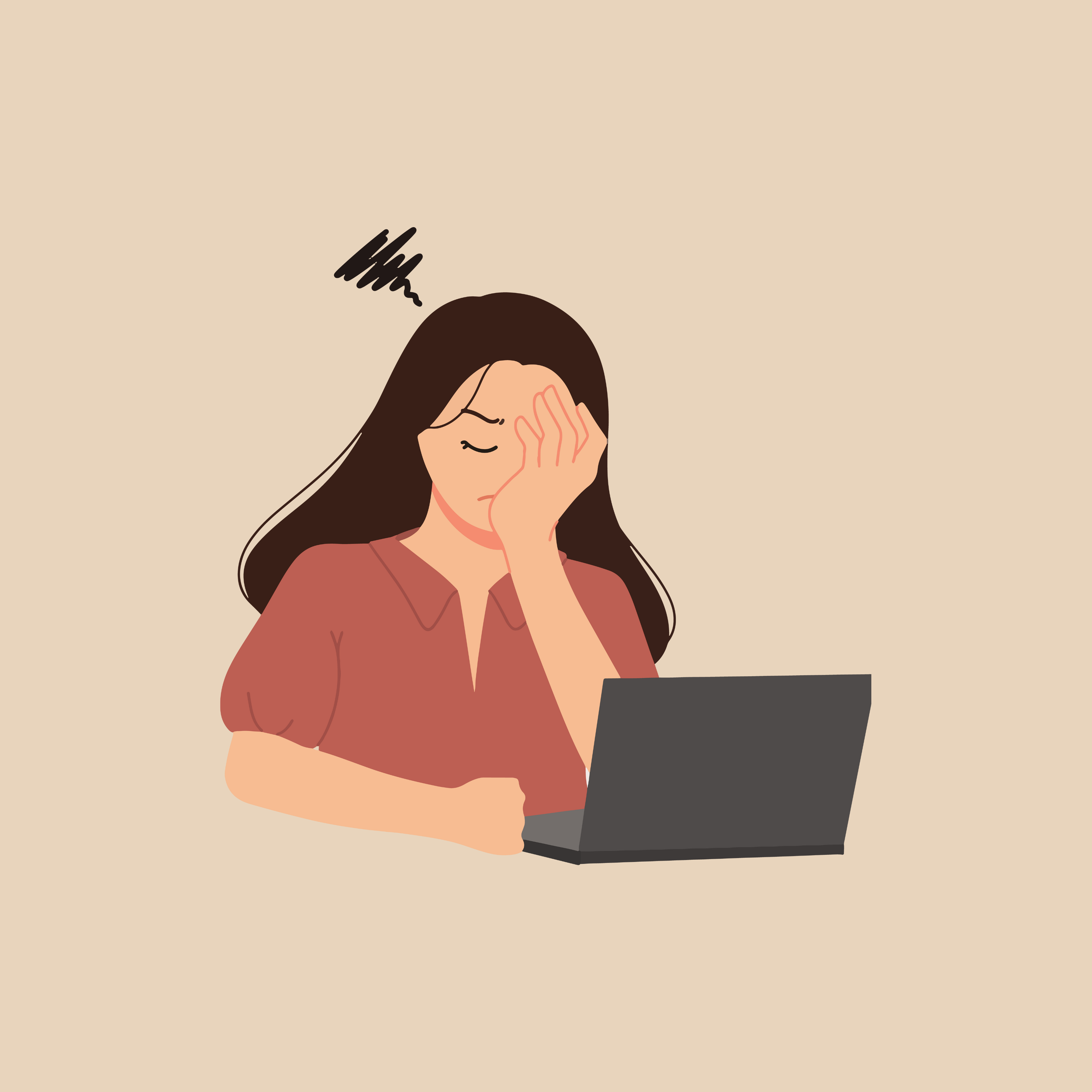 Illustration of a woman sitting at a desk with a laptop, looking stressed or worried, with one hand on her forehead and a distressed expression.