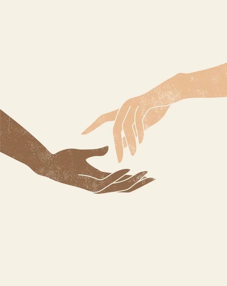 Illustration of two hands reaching towards each other, symbolizing connection or support.