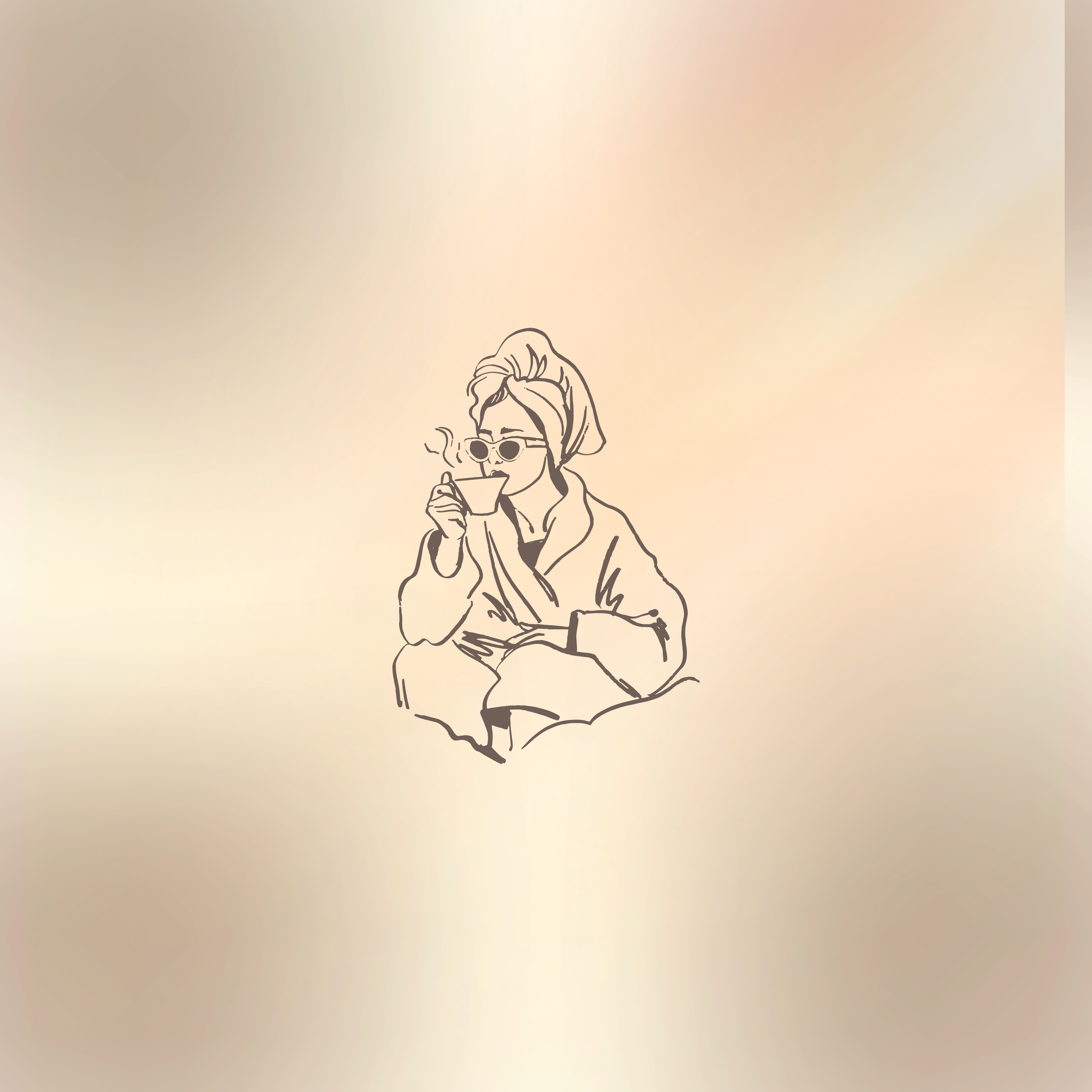 Line drawing of a woman in a robe and head towel, wearing sunglasses, holding a steaming cup of tea or coffee.