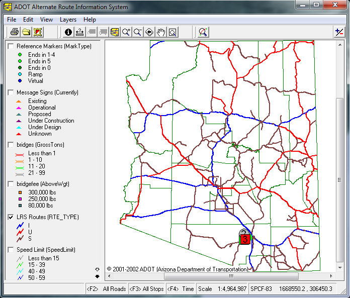 Alternate Route Information System's route solution visible within ESRI map document (far away).