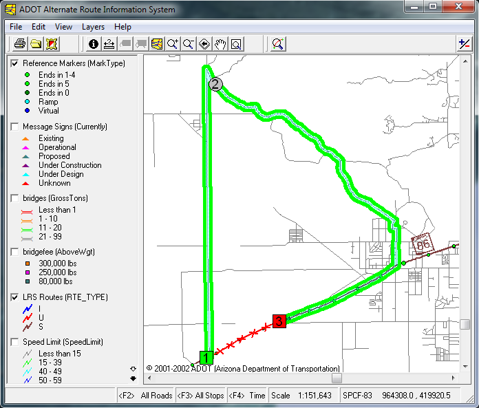 Alternate Route Information System's route solution visible (close up).