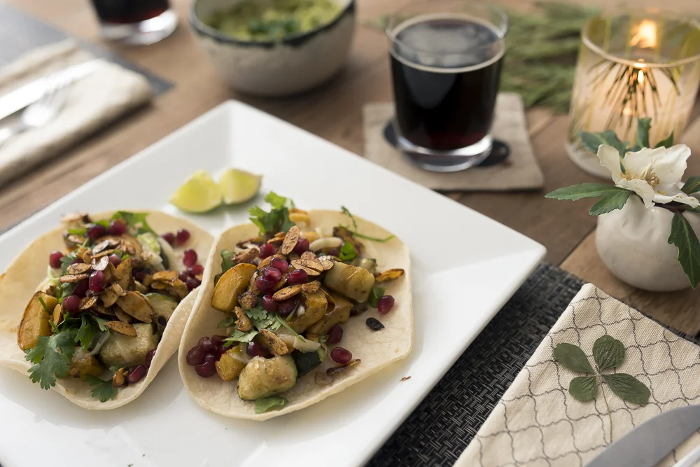 Roasted Squash Tacos with Pomegranate &amp; Chili Almonds