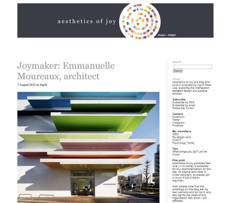 Joymaker :<br> Emmanuelle Moureaux, architect<br>aesthetics of joy 2012/8 (English)