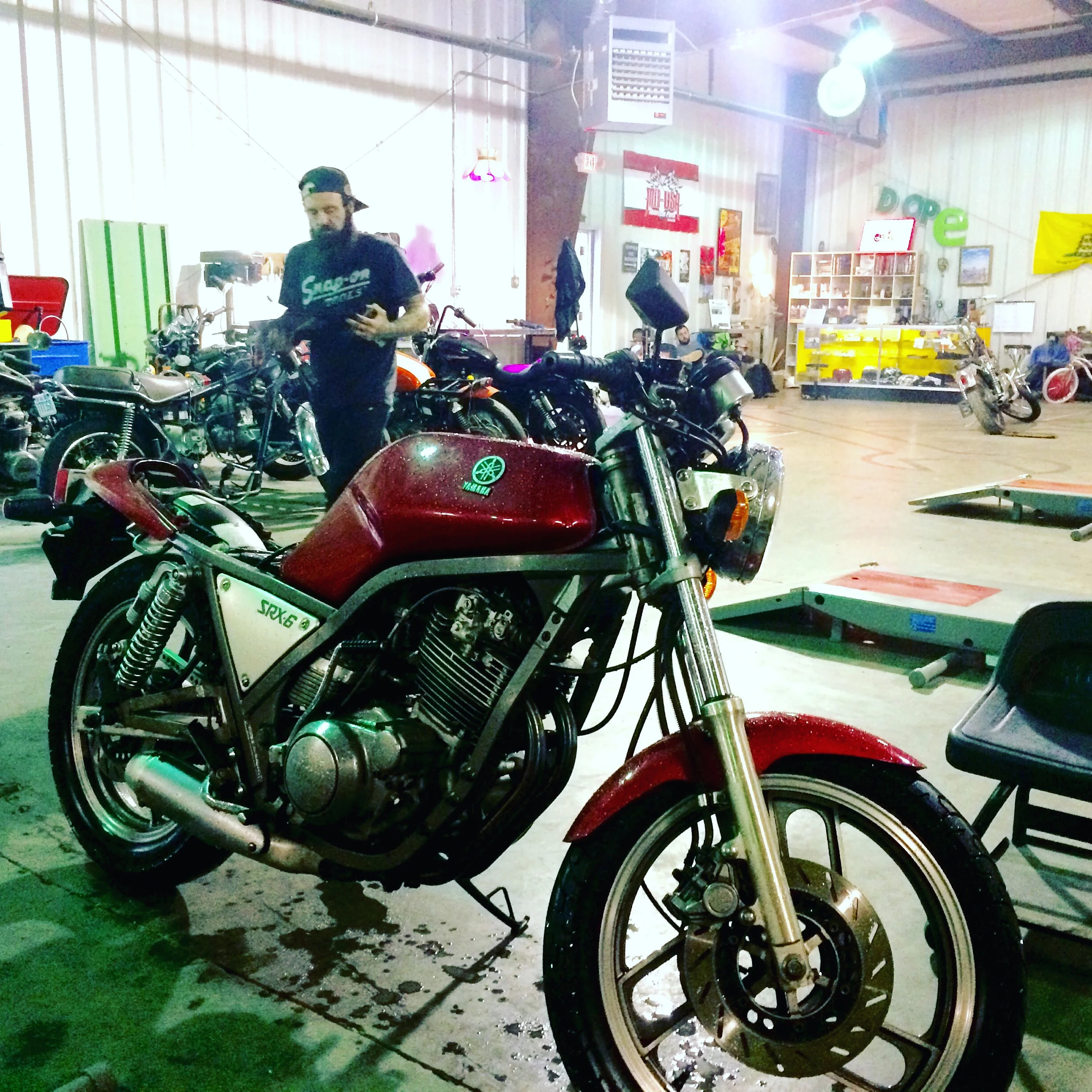 My 1986 Yamaha SRX-6, just parked after a rainstorm at Engine and Frame Community Garage (@engineandframe)
