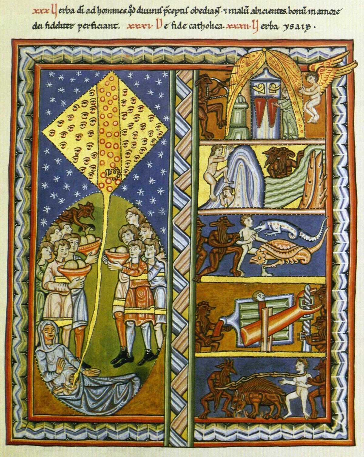 Illumination from Liber Scivias: "Die Seele und ihr Zelt" (The soul and its tent) picturing the divine spark entering the human body (left) and it's journey throughout the challenges and difficulties of life (right, from bottom up) until finding the place to unfold her tent of rest. "If Hildegard had been a male theologian, her Scivias would undoubtedly have been considered one of the most important early medieval summas.“ says the German Hildegard scholar Schipperges.