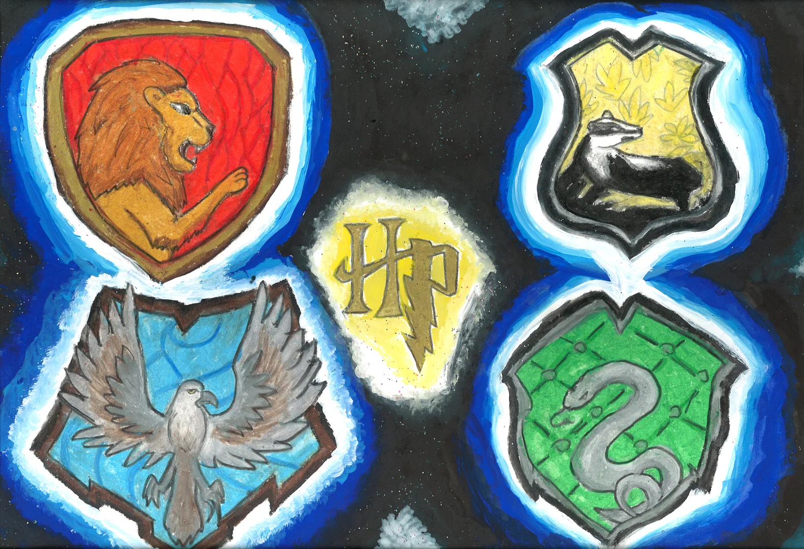 Image of painting of Harry Potter house logos.