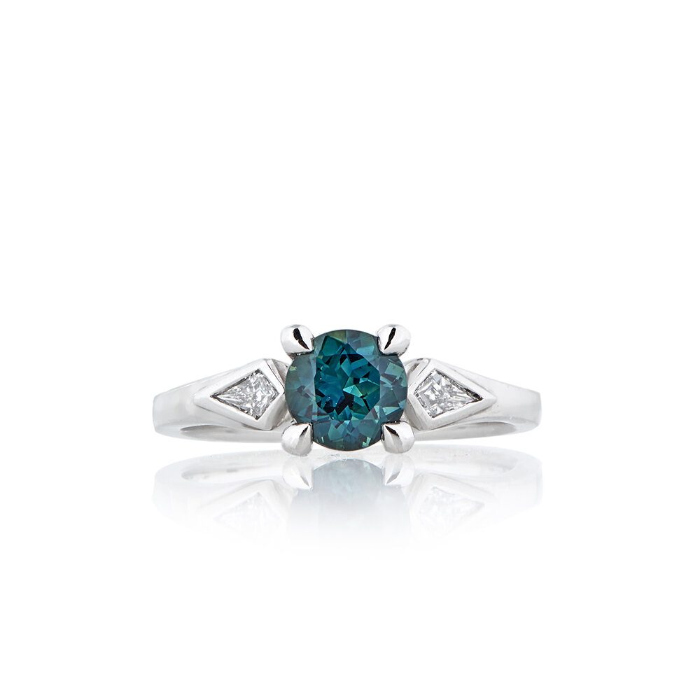 Blue Green Sapphire and Kite Diamonds