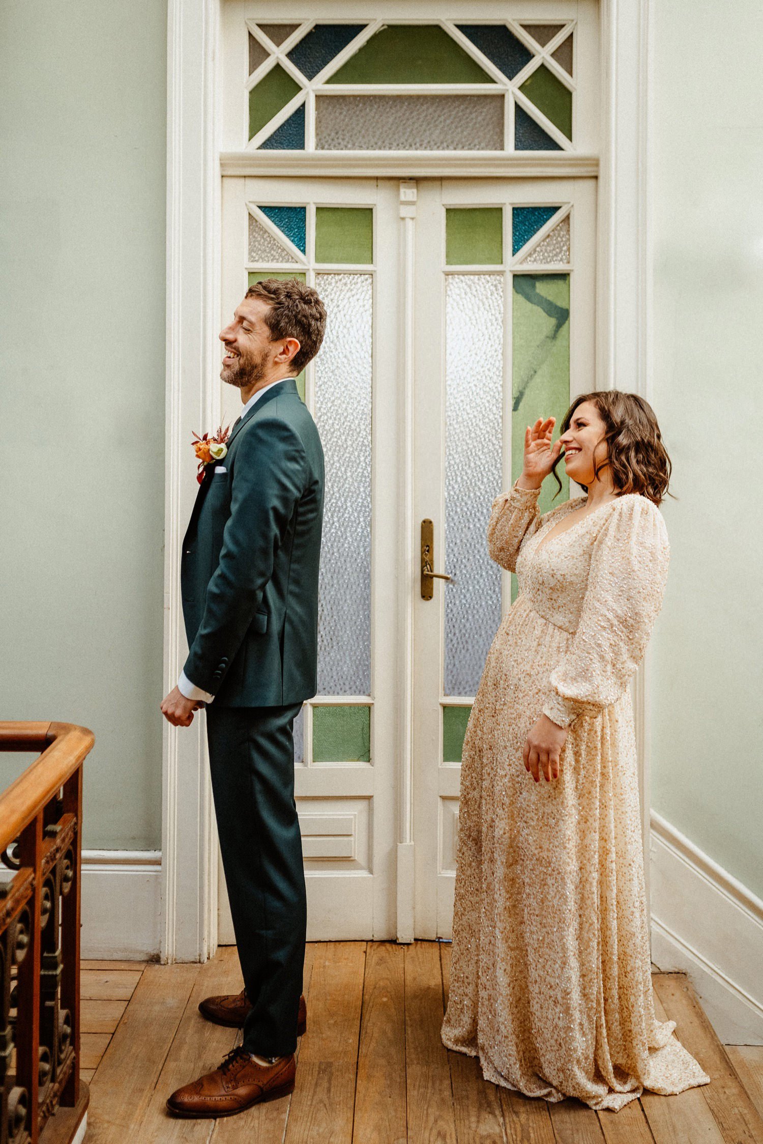 A couple who decided to have a Intimate Wedding Porto Portugal make a first look with a gorgeous reaction.