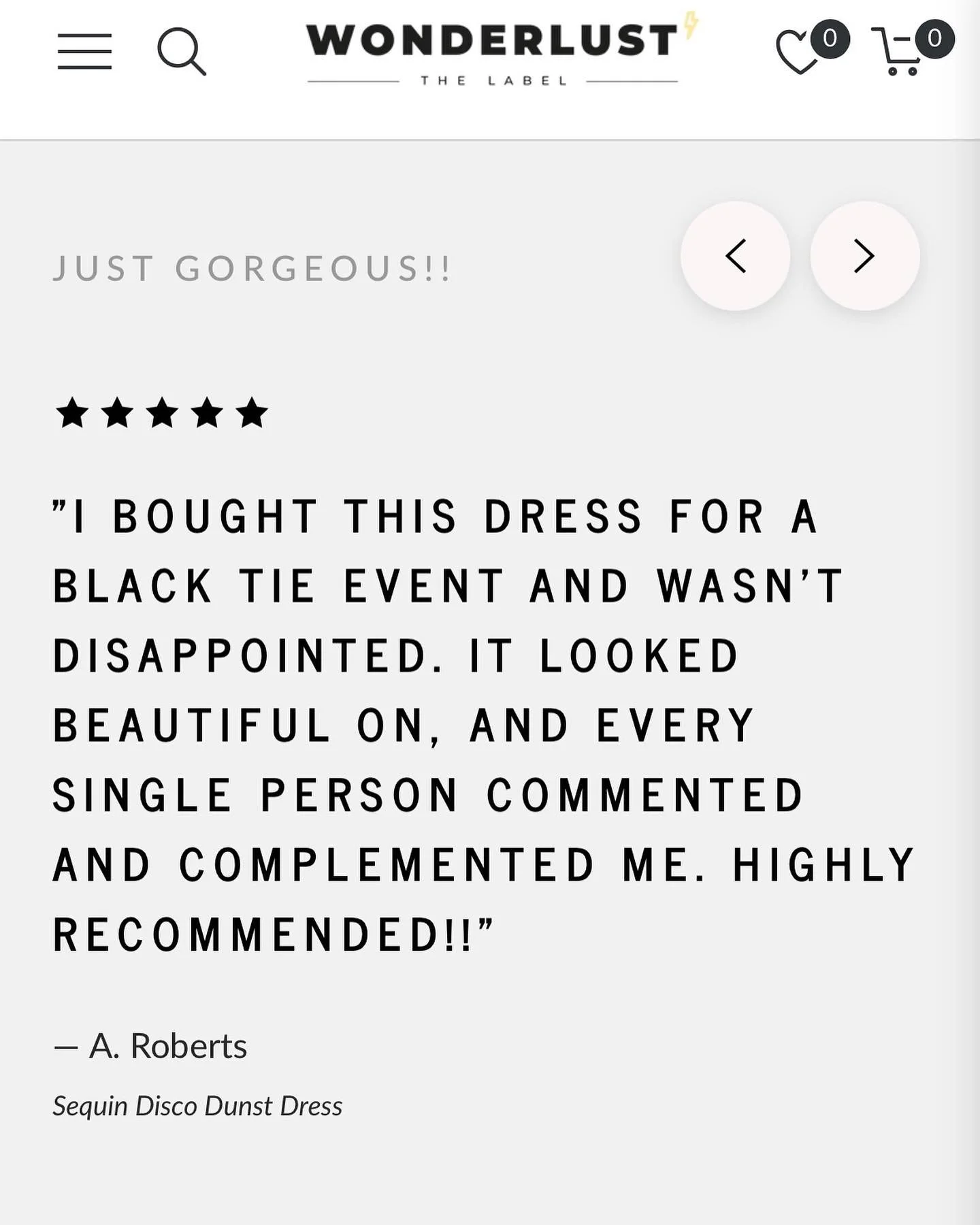 Customer review for a black dress named 'Sequin Disco Dunst Dress' on the WonderLust website, featuring a 5-star rating and positive feedback.