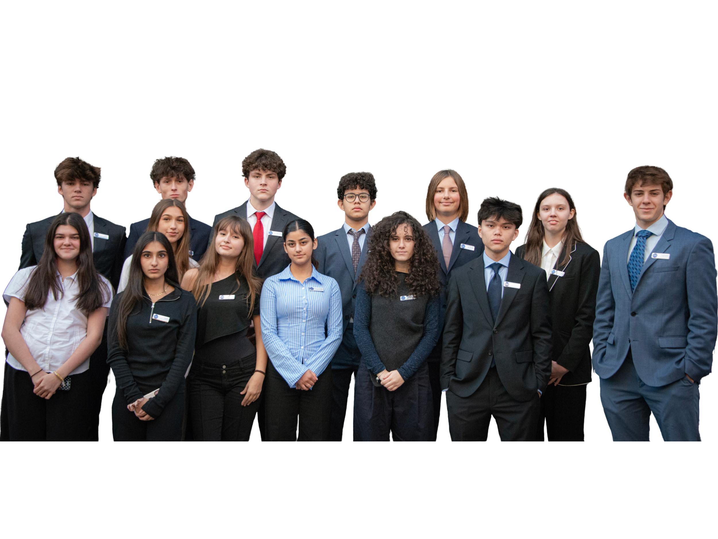 A group of fifteen diverse young students in formal attire, standing in a line against a plain white background.