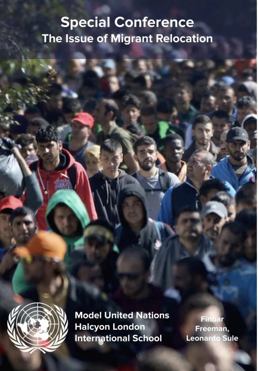 Crowd of people walking outdoors. Overlaid text about a special conference on migrant relocation hosted by the Model United Nations at Halcyon London International School. Names Finbar Freeman and Leonardo Sule appear on the cover.