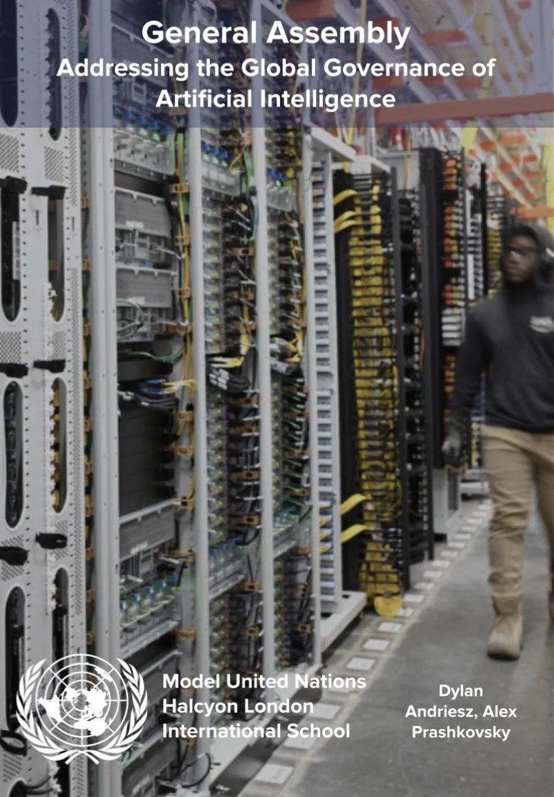 Cover of a publication titled 'General Assembly Addressing the Global Governance of Artificial Intelligence.' The background shows server racks with tangled cables in a data center. The bottom left features the United Nations logo, and the bottom right lists authors Dylan Andresz and Alex Prashkovsky from Halcyon London International School.
